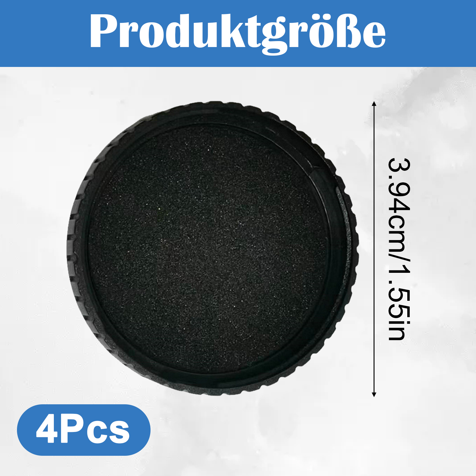 Ein schwarzes kreisförmiges Objekt mit strukturierter Oberfläche, Größenangaben und Text '4Pcs' auf hellem Hintergrund.