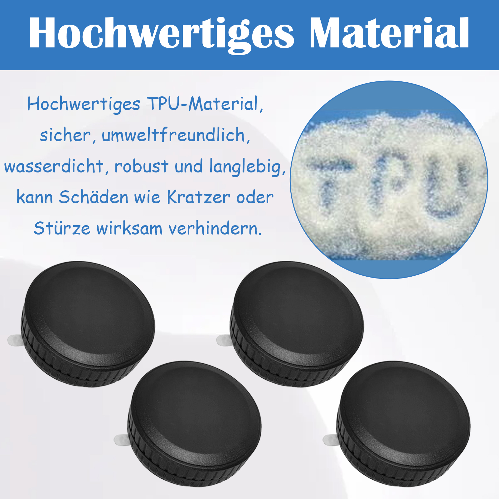 Das Bild zeigt vier schwarze Objektivdeckel. Der Text auf Deutsch beschreibt TPU-Material als sicher, wasserdicht, robust und kratzfest.
