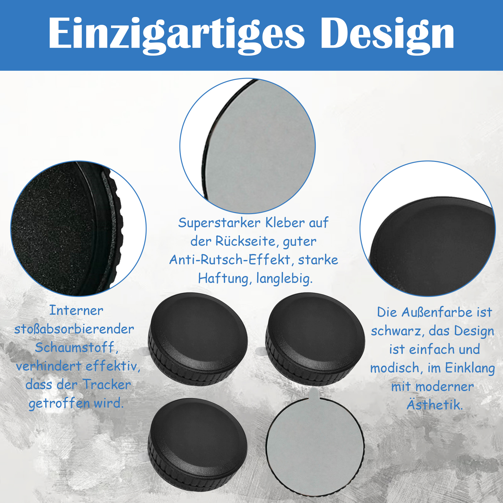 Das Bild zeigt schwarze Tracker-Komponenten mit Etiketten. Text beschreibt Funktionen wie Schaumstoff, Klebstoff und Design.