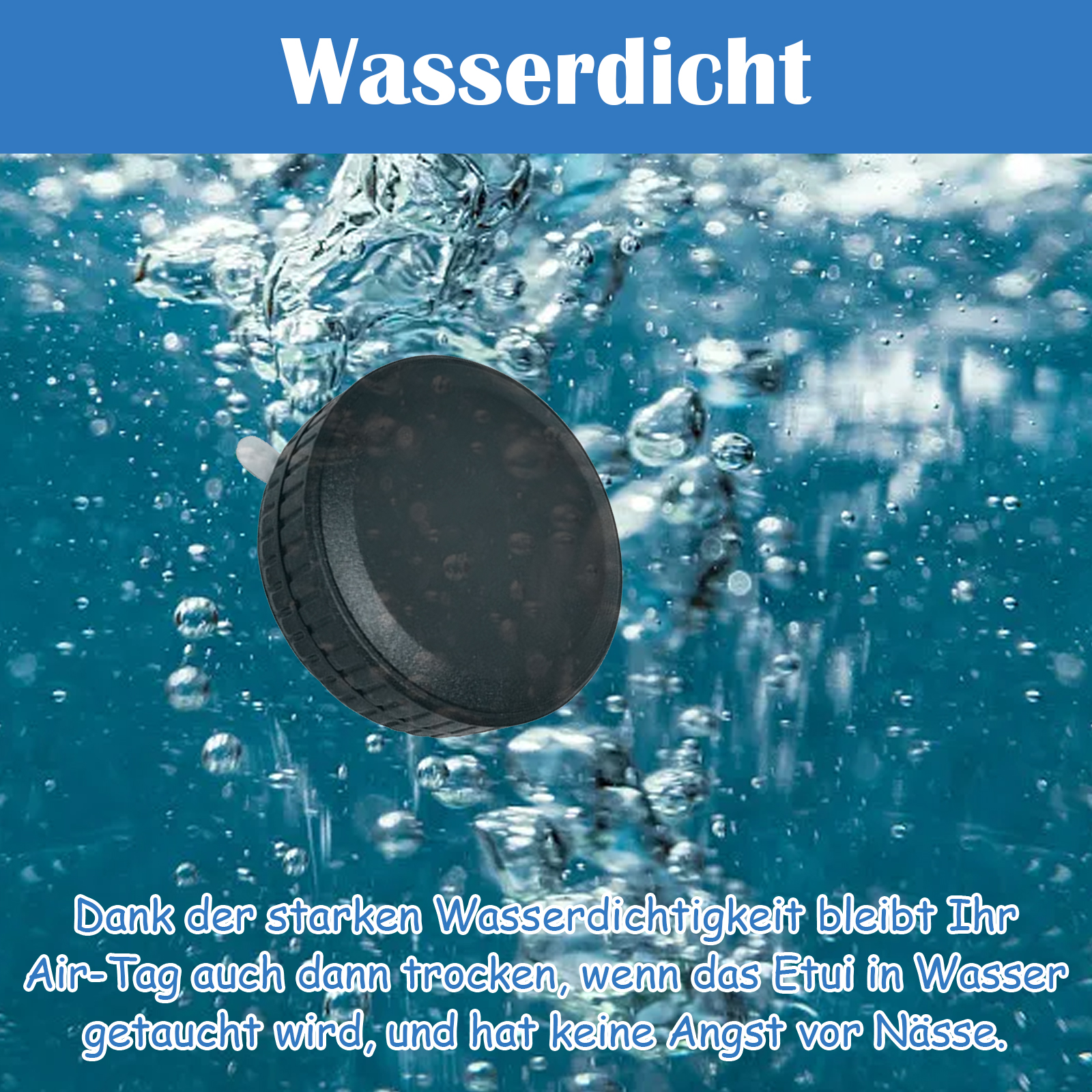 Ein schwarzes, rundes Gerät im Wasser mit Blasen. Das Wort "Wasserdicht" steht oben in Weiß.