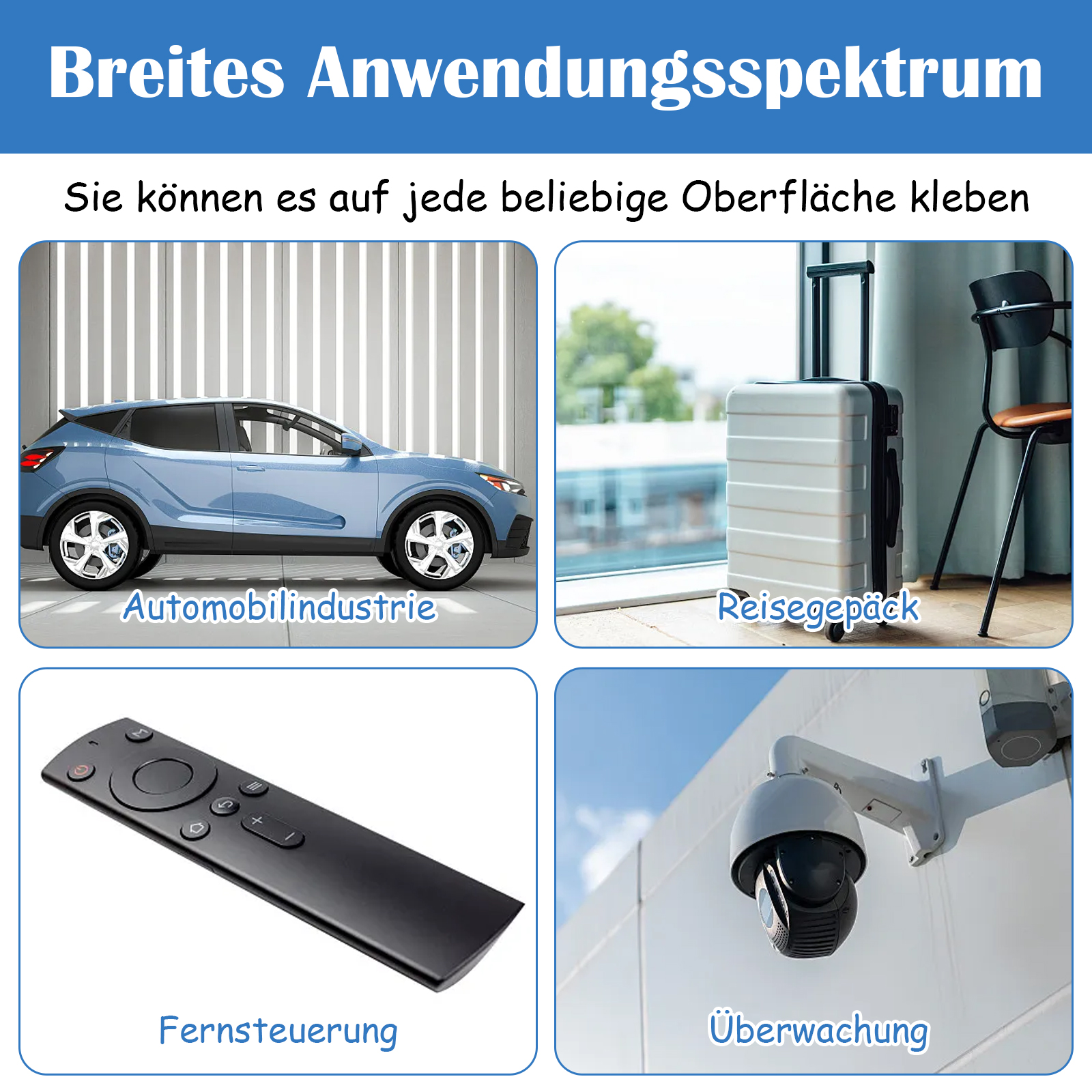 Das Bild zeigt vier Tafeln: ein Auto, Gepäck, eine Fernbedienung und eine Überwachungskamera. Jede hat eine deutsche Beschriftung.