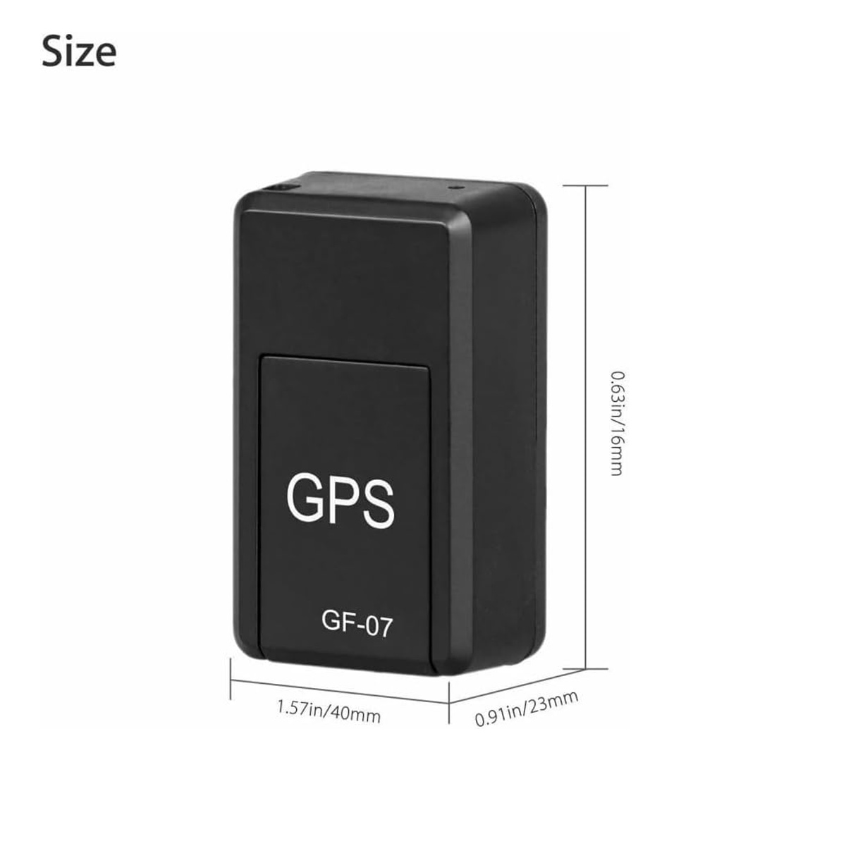 Ein schwarzer GPS-Tracker mit der Aufschrift 'GPS' und 'GF-07'. Abmessungen: 1,57 Zoll/40 mm x 0,91 Zoll/23 mm x 0,63 Zoll/16 mm.