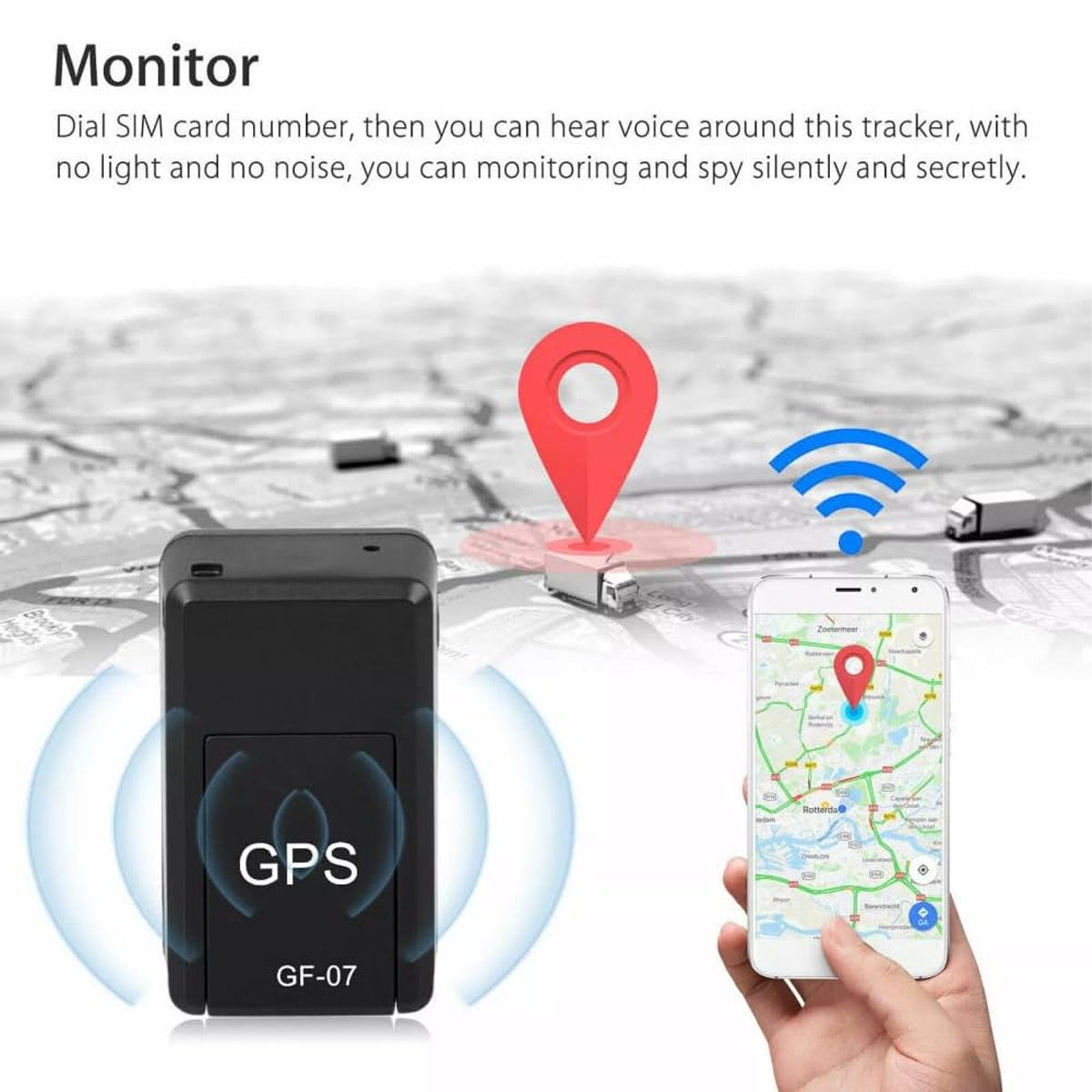 Ein schwarzer GPS-Tracker, ein Smartphone mit einer Karte und roter Markierung sowie eine rote Standortnadel auf Kartenhintergrund.