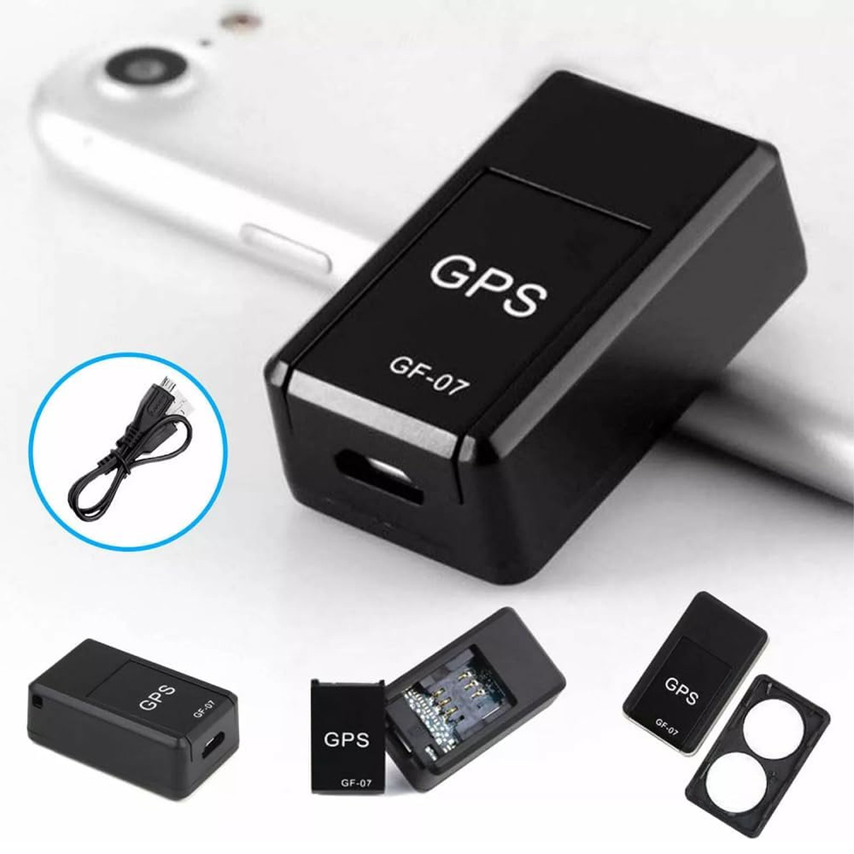 Ein schwarzer GPS-Tracker mit der Aufschrift 'GPS GF-07', ein Ladekabel und mehrere Ansichten des Trackers und seiner Teile.