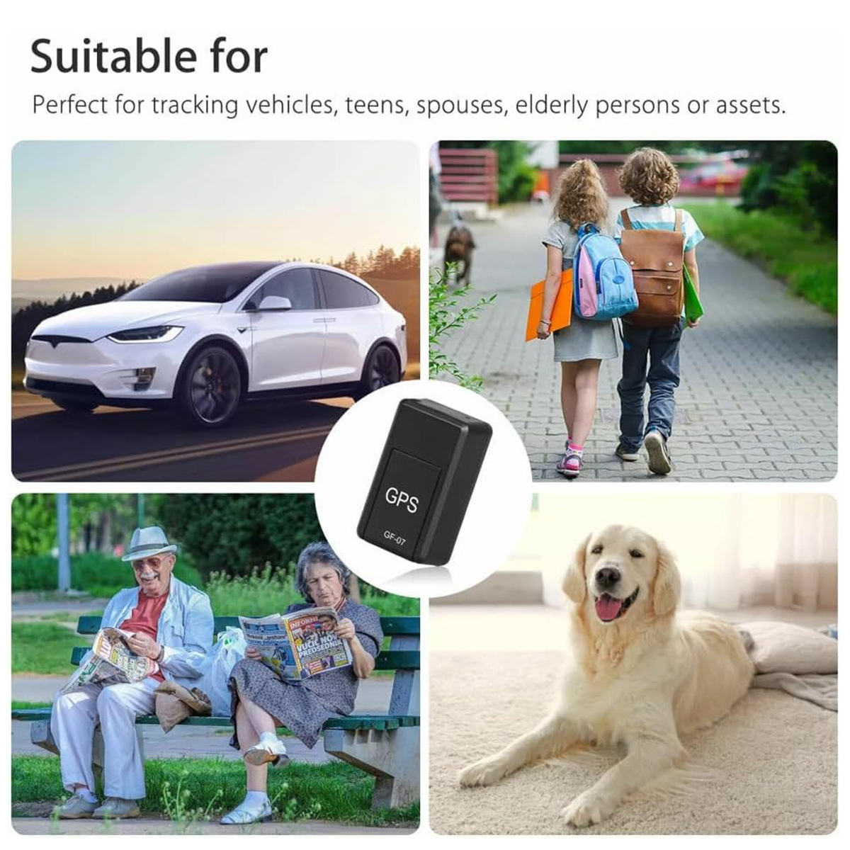 Das Bild zeigt ein weißes Auto, zwei Kinder, einen Hund, ein älteres Ehepaar und einen GPS-Tracker. Text erwähnt Verfolgung von Personen und Objekten.
