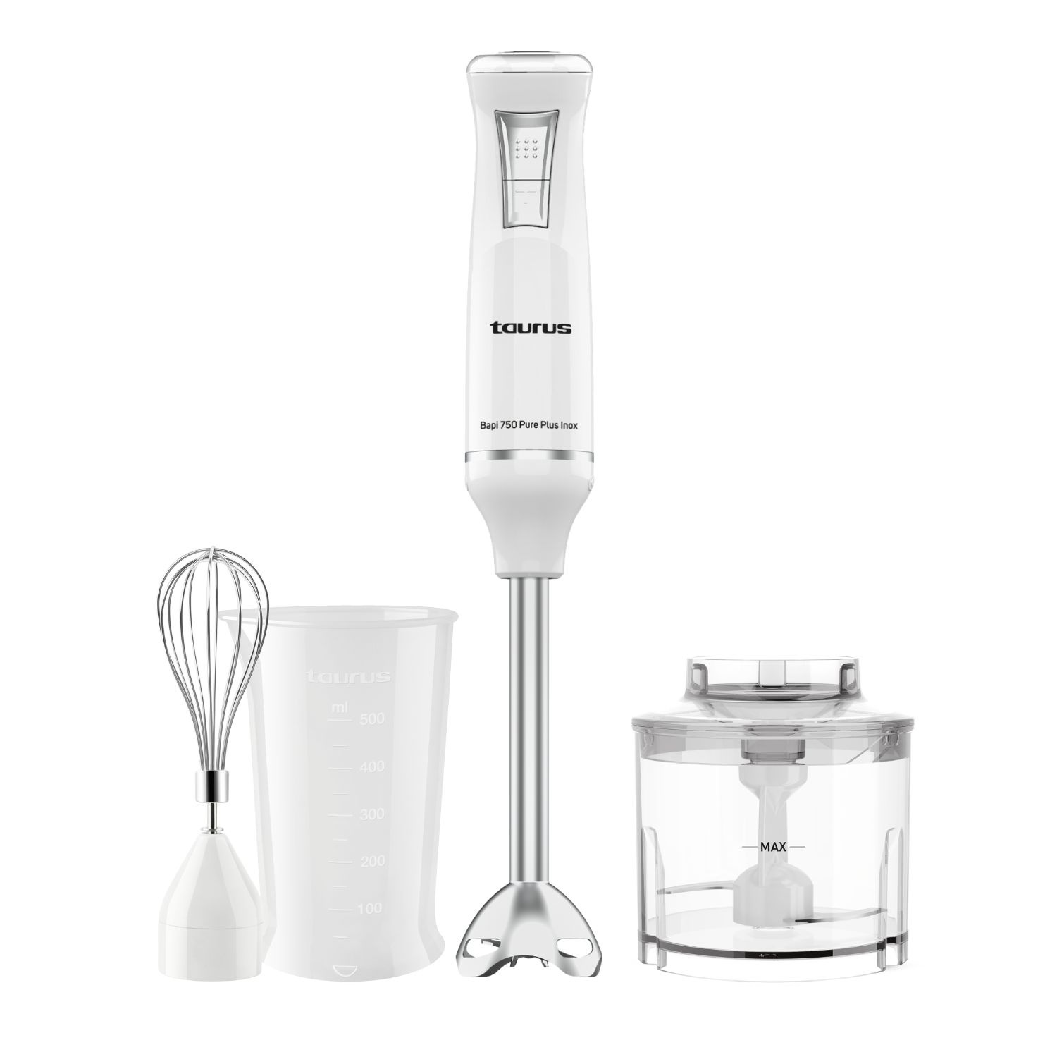 Un juego de batidora de inmersión Taurus blanco y plateado con vaso, batidor y recipiente para picar. La batidora está etiquetada Bapi 750 Pure Plus Inox.
