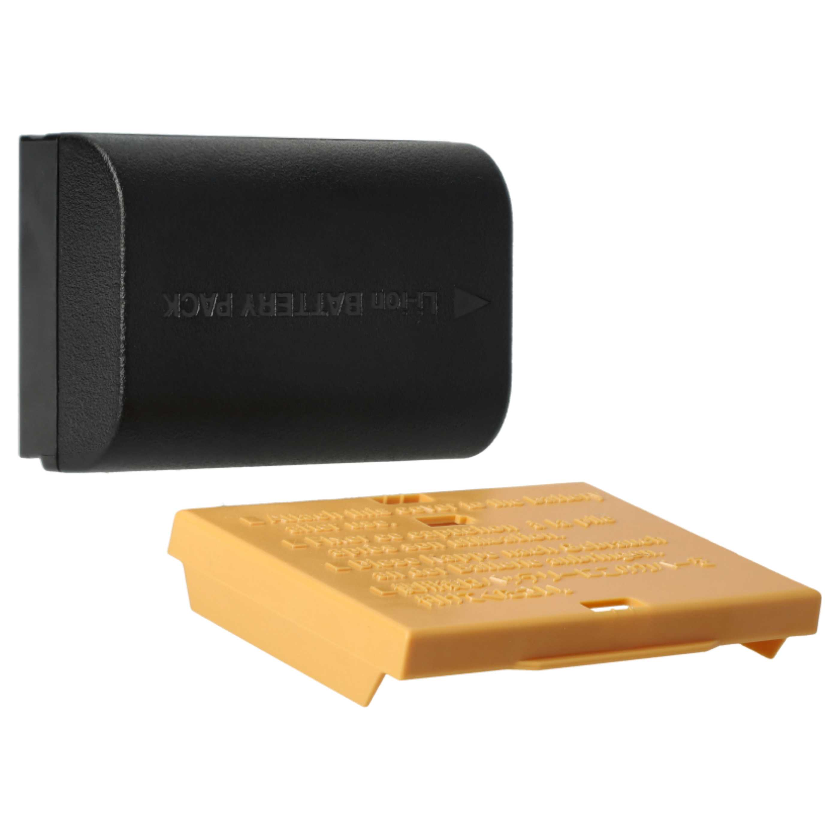 Ein schwarzes Li-Ionen-Akkupack und eine gelbe Batterieabdeckung auf weißem Hintergrund.