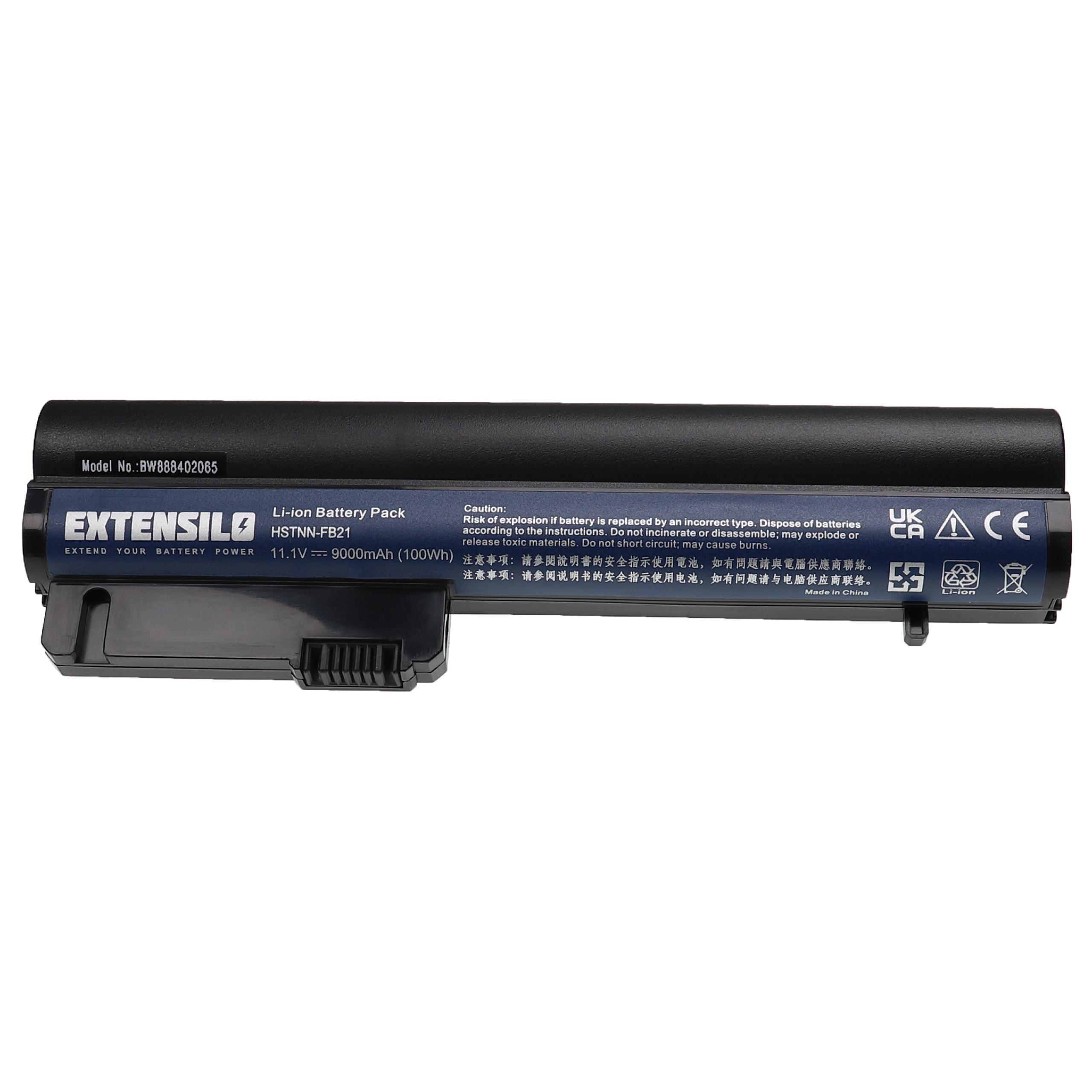 Schwarzer Laptop-Akku mit Etikett. Text: Extensilo, Li-Ion-Akku, 11,1 V, 9000 mAh. Sicherheitshinweise sind vorhanden.