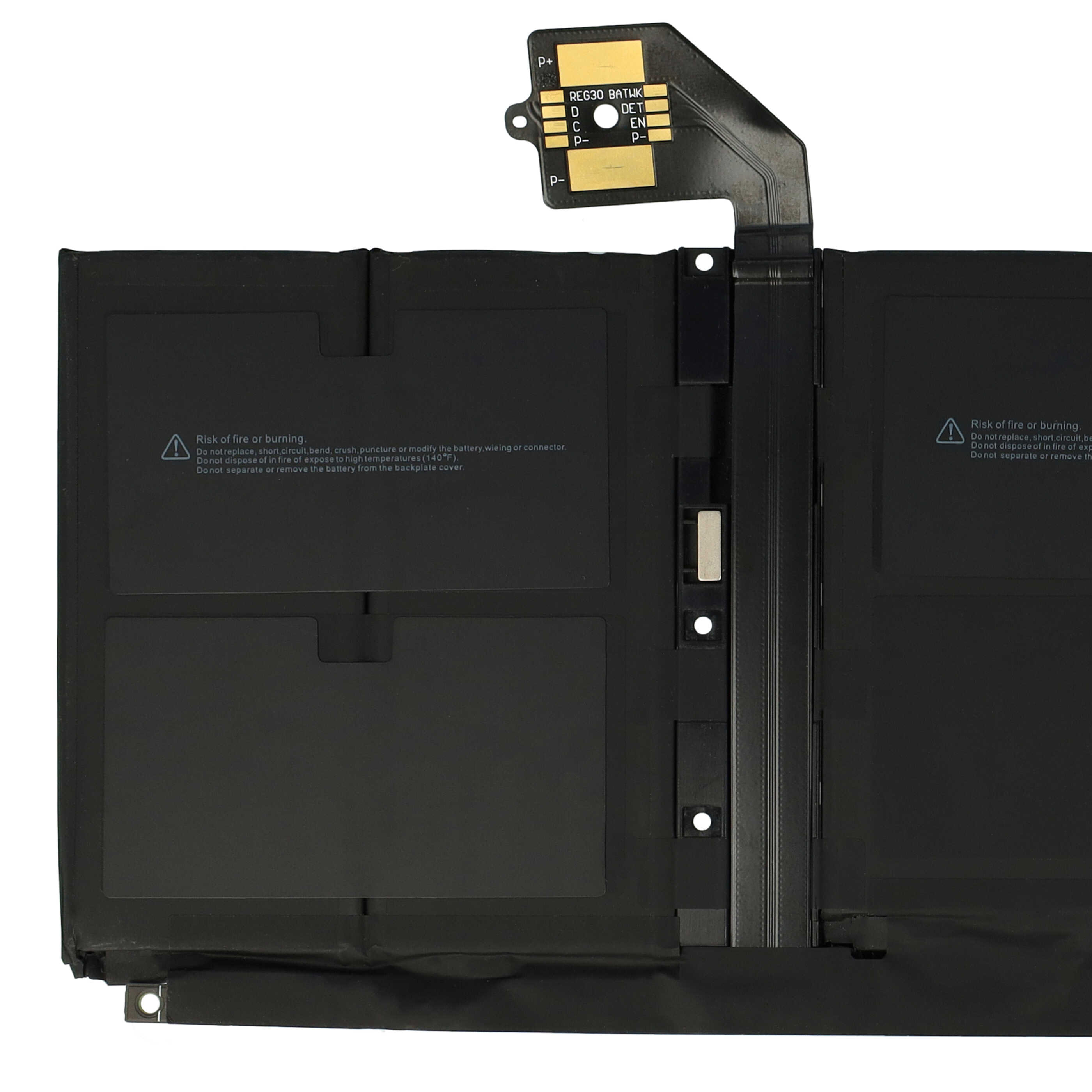 Nahaufnahme einer schwarzen elektronischen Komponente mit Text und Warnsymbolen. Oben befindet sich eine kleine Leiterplatte.