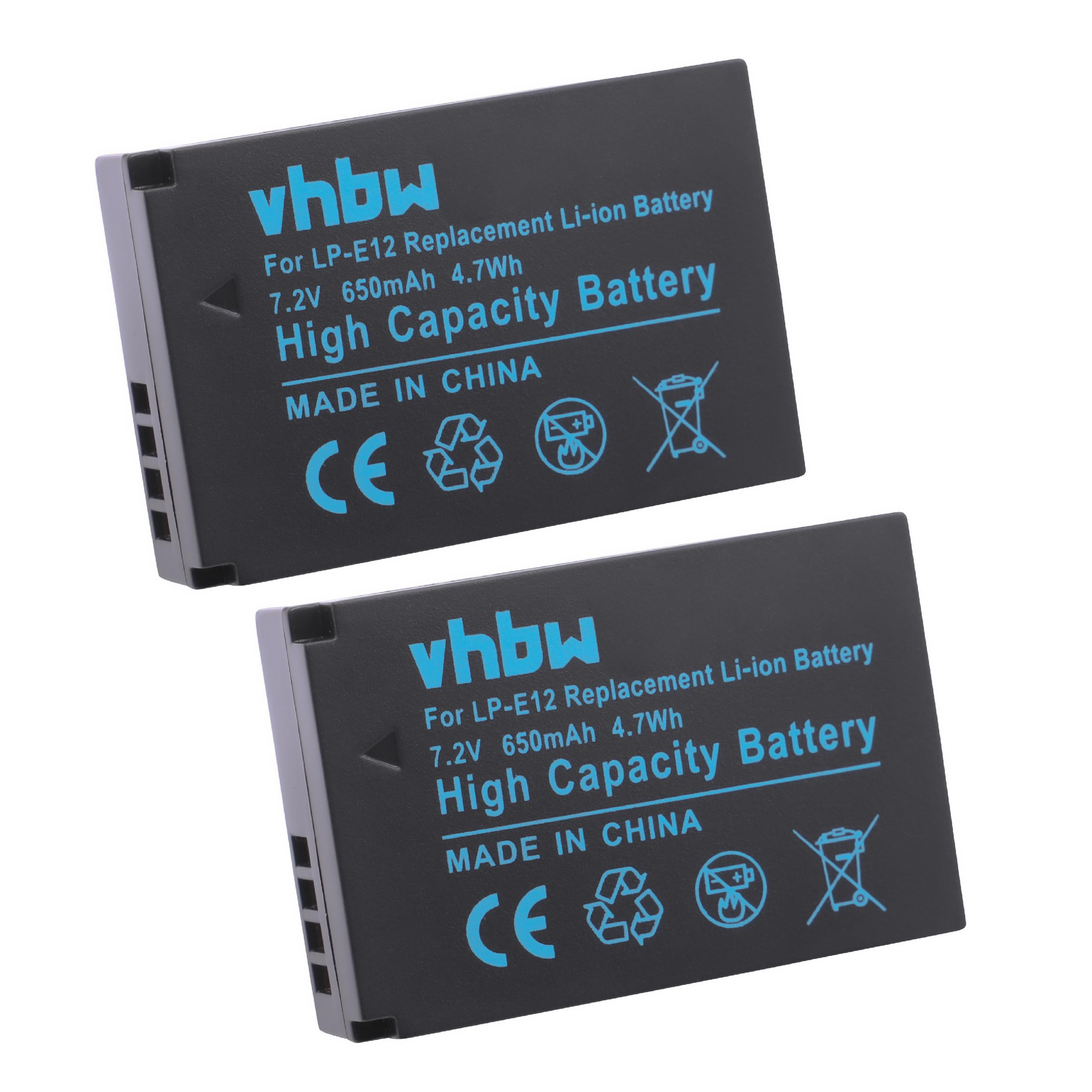 Zwei schwarze Batterien mit blauem Text. Jede besagt 'vhbw High Capacity Battery' und hat technische Details und Symbole.
