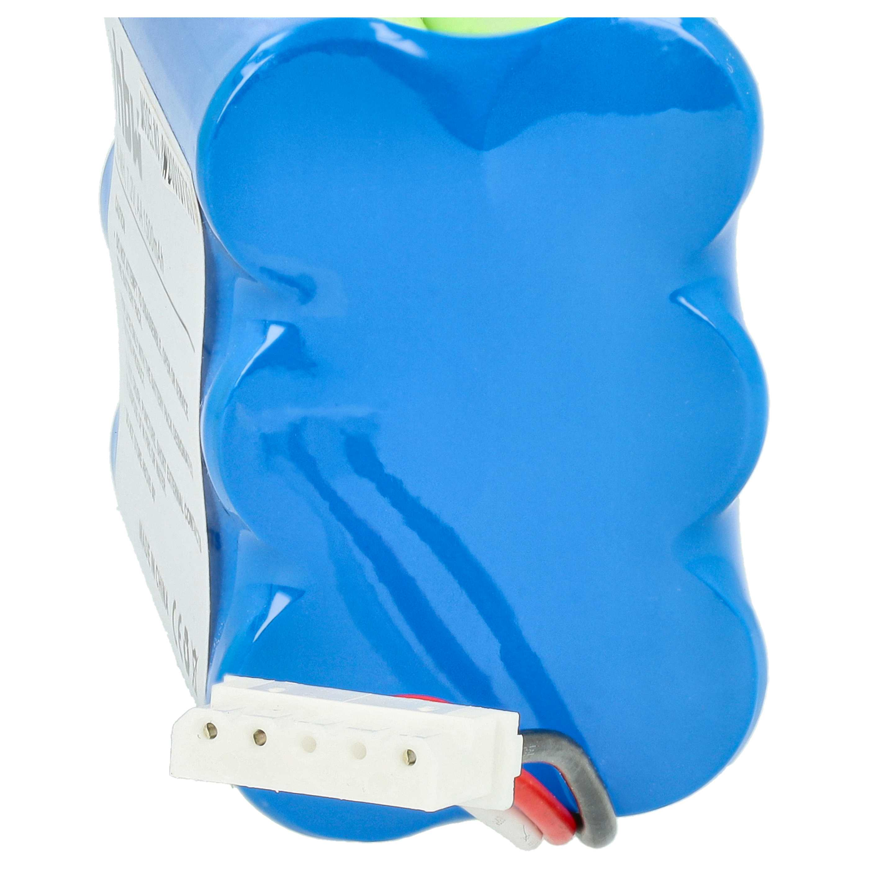 Ein blauer Akku mit weißem Stecker. Drähte kommen von unten. Ein Etikett ist an der Seite sichtbar.