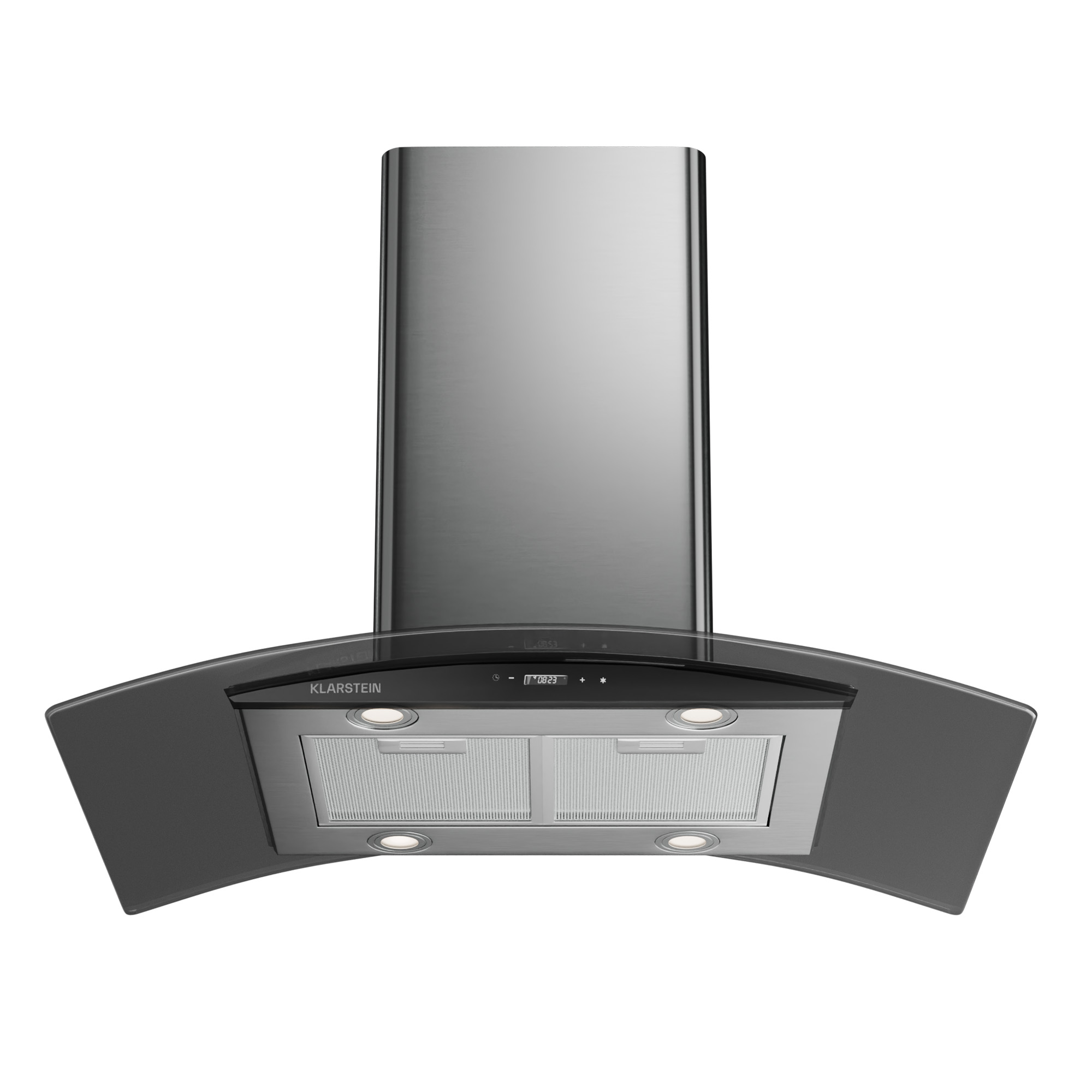 Una cappa Klarstein argento e nera. Ha un design curvo con luci e un display digitale.
