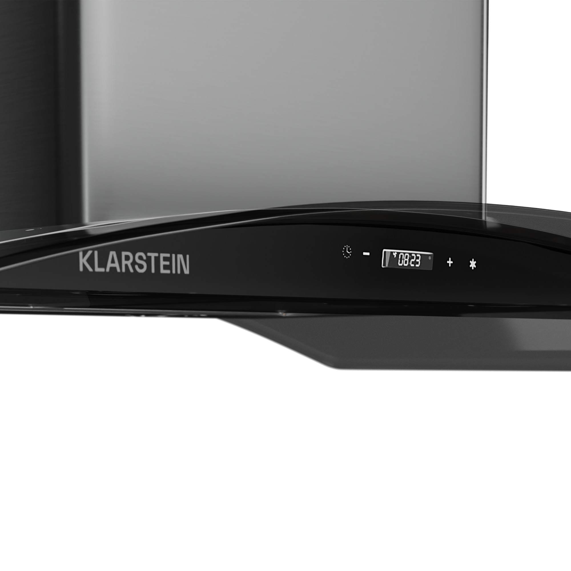Primo piano di una cappa Klarstein nera. Ha un display digitale che mostra 08:23 e pulsanti di controllo. Lo sfondo è argento.