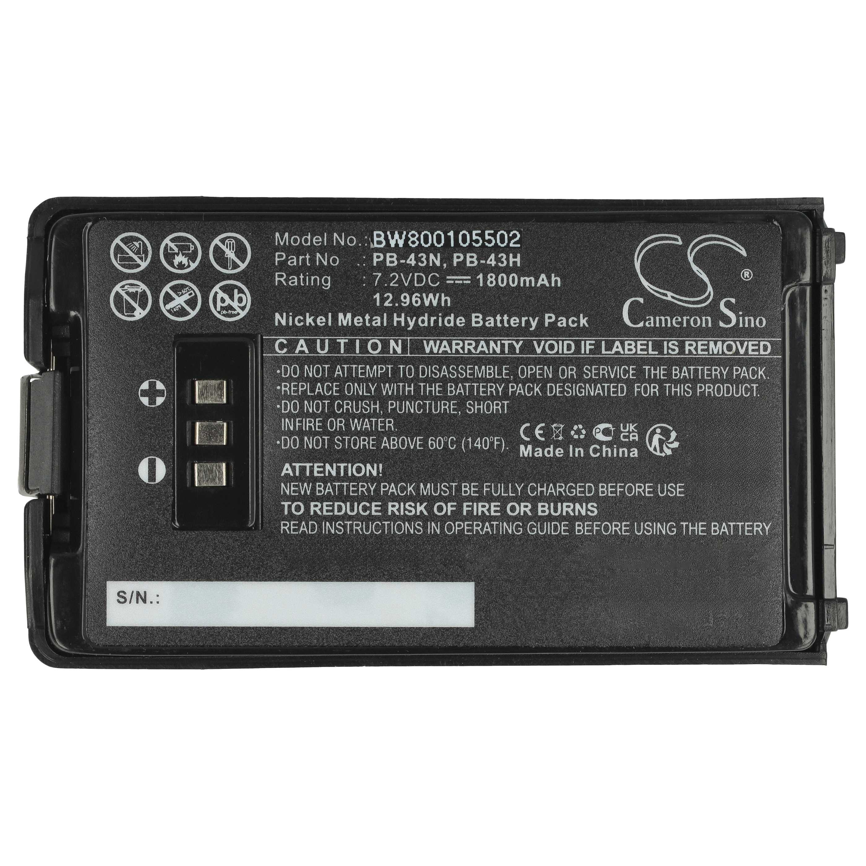 Ein schwarzes Akkupack mit weißem Text. Es hat ein Warnschild, einen Seriennummernbereich und technische Details.