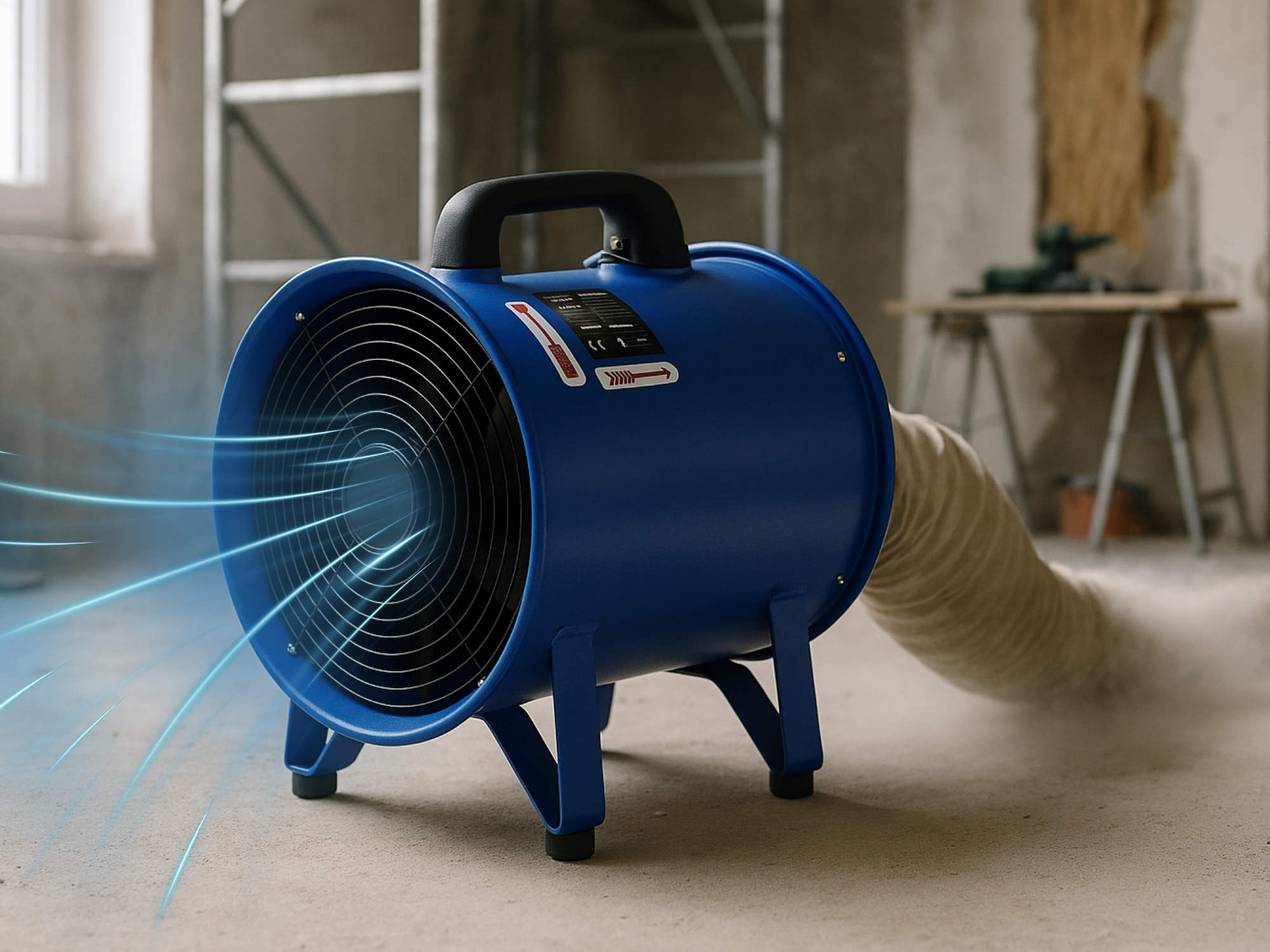 Ein blauer Ventilator bläst Luft mit blauen Linien. Er steht auf Beton. Ein Schlauch ist befestigt. Eine Leiter und ein Tisch sind im Hintergrund.