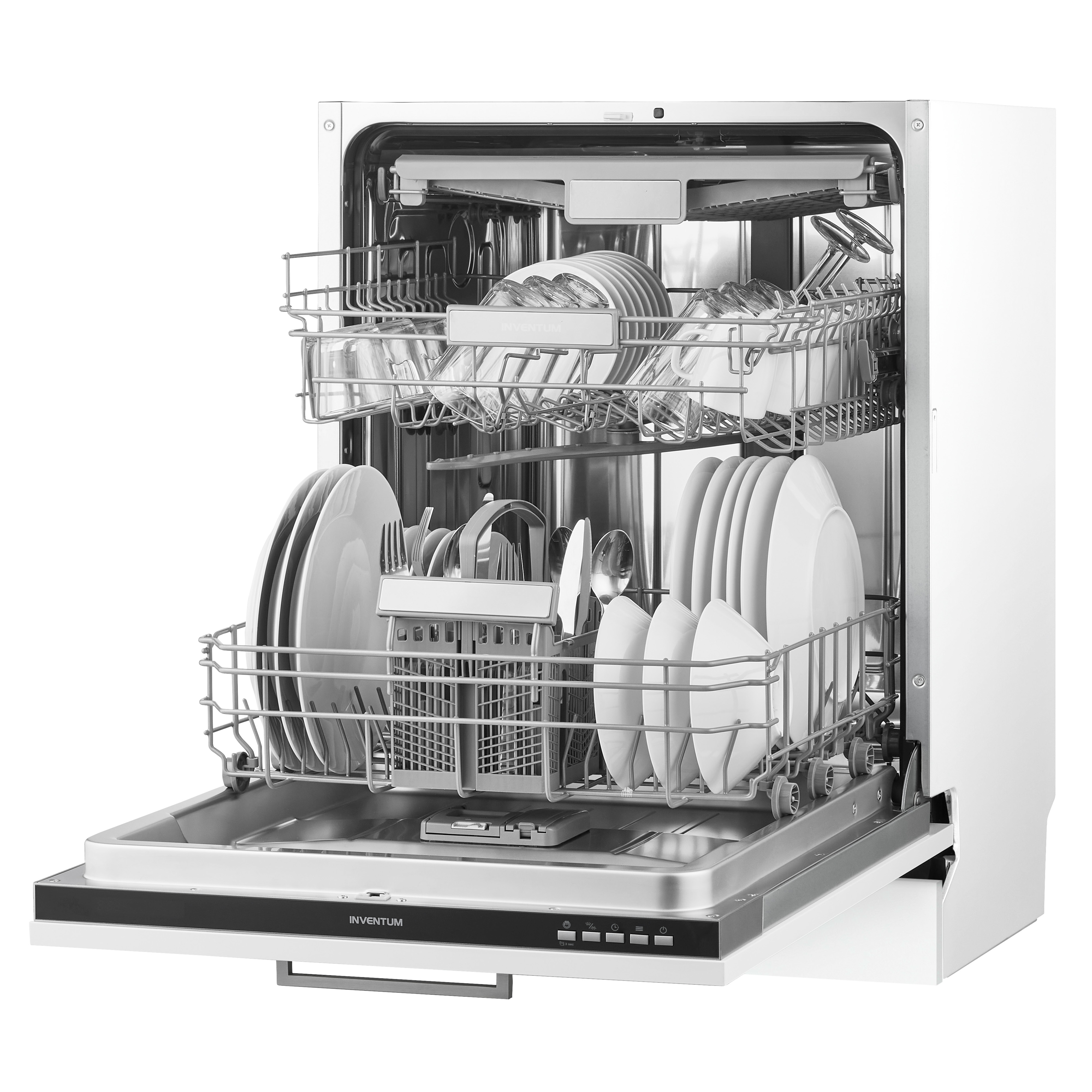 Een open vaatwasser vol met borden, glazen en bestek. De machine is wit met een zwart bedieningspaneel. De merknaam is zichtbaar.