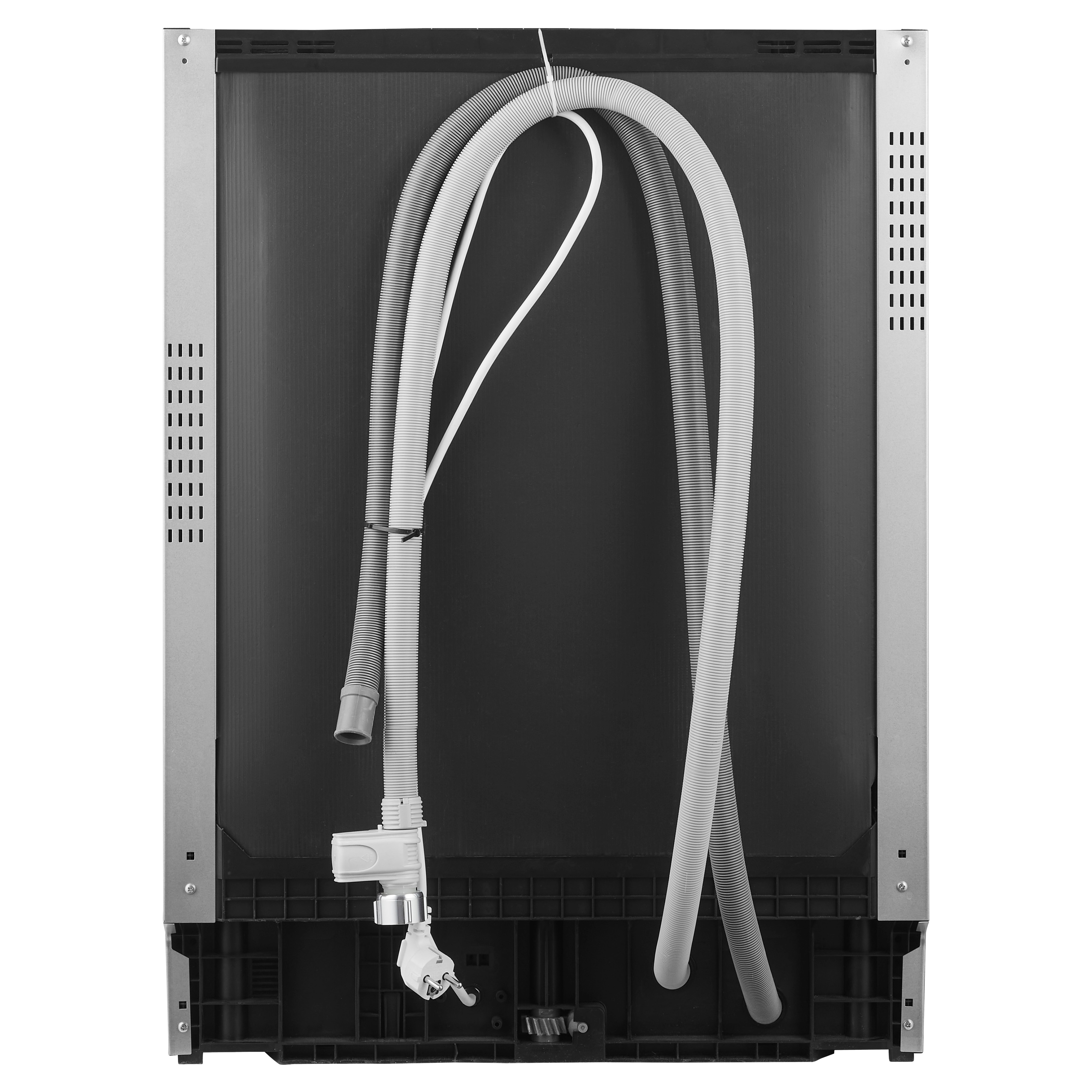 Achterkant van een vaatwasser. Grijze gegolfde slangen en een witte elektrische kabel aan een zwart paneel.