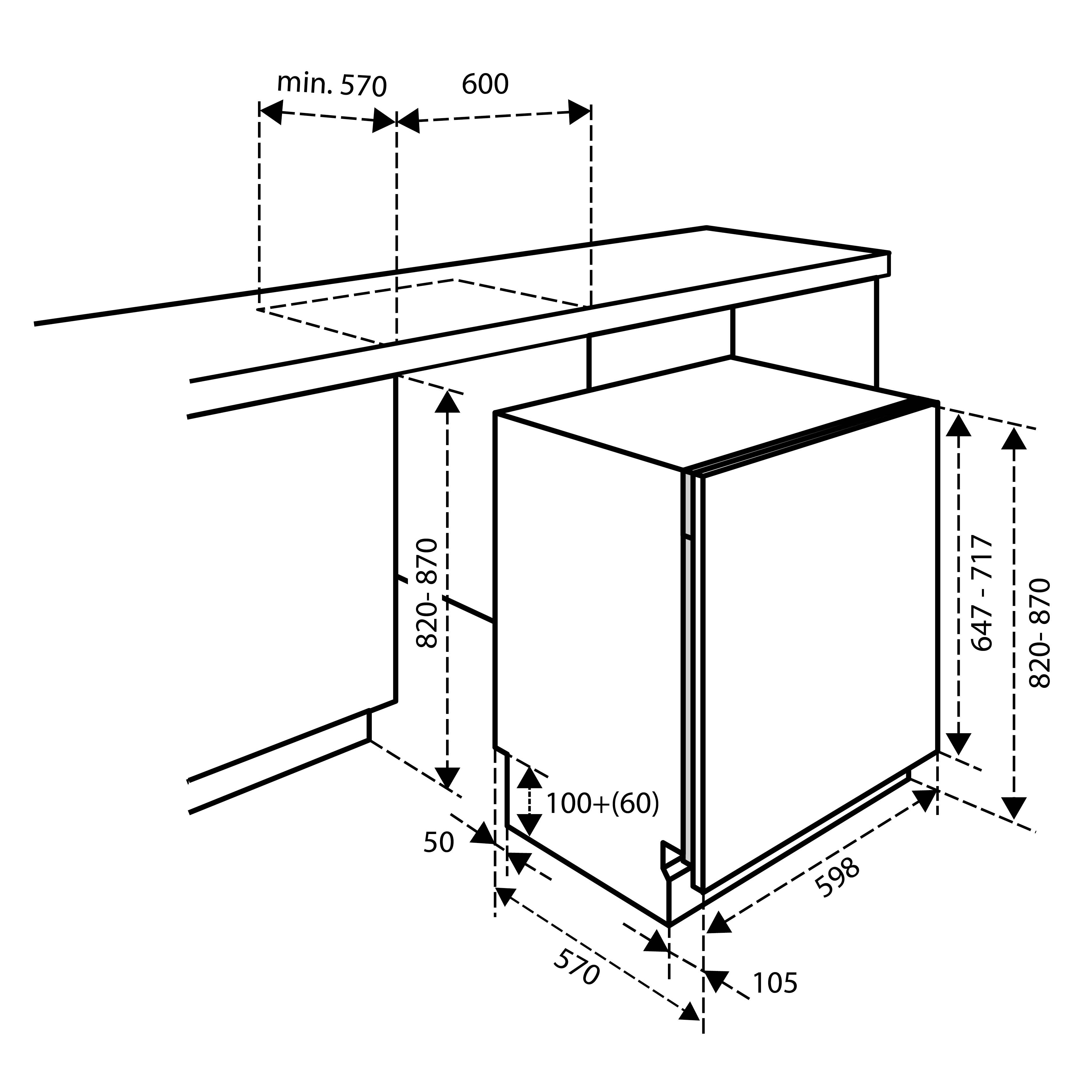 Technische tekening van een inbouwtoestel met afmetingen, inclusief hoogte, breedte en diepte, in millimeters.