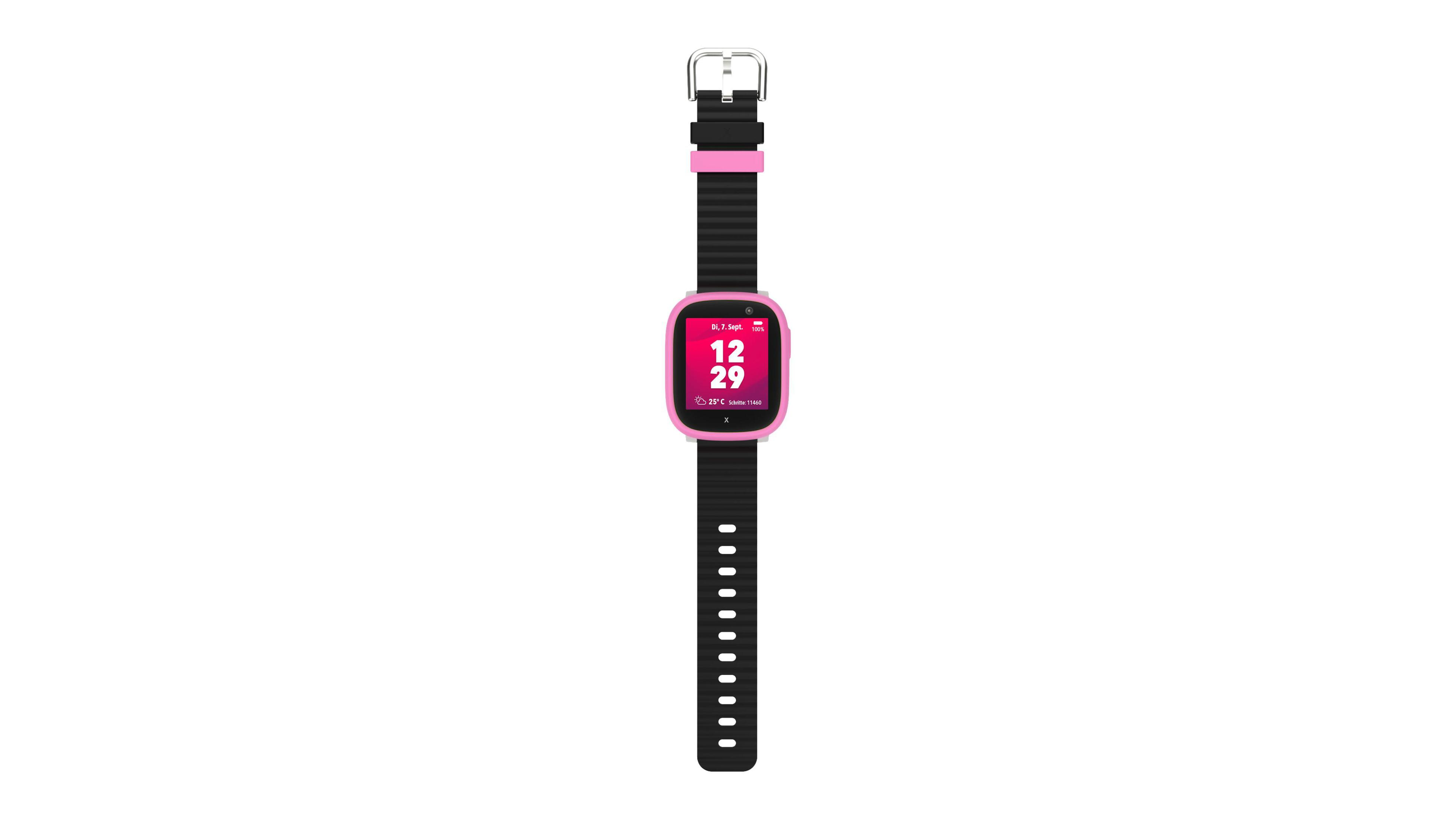 Eine rosa-schwarze Smartwatch zeigt Uhrzeit und Datum an. Die Uhr zeigt 12:29 und das Datum an. Es hat ein schwarzes Armband.