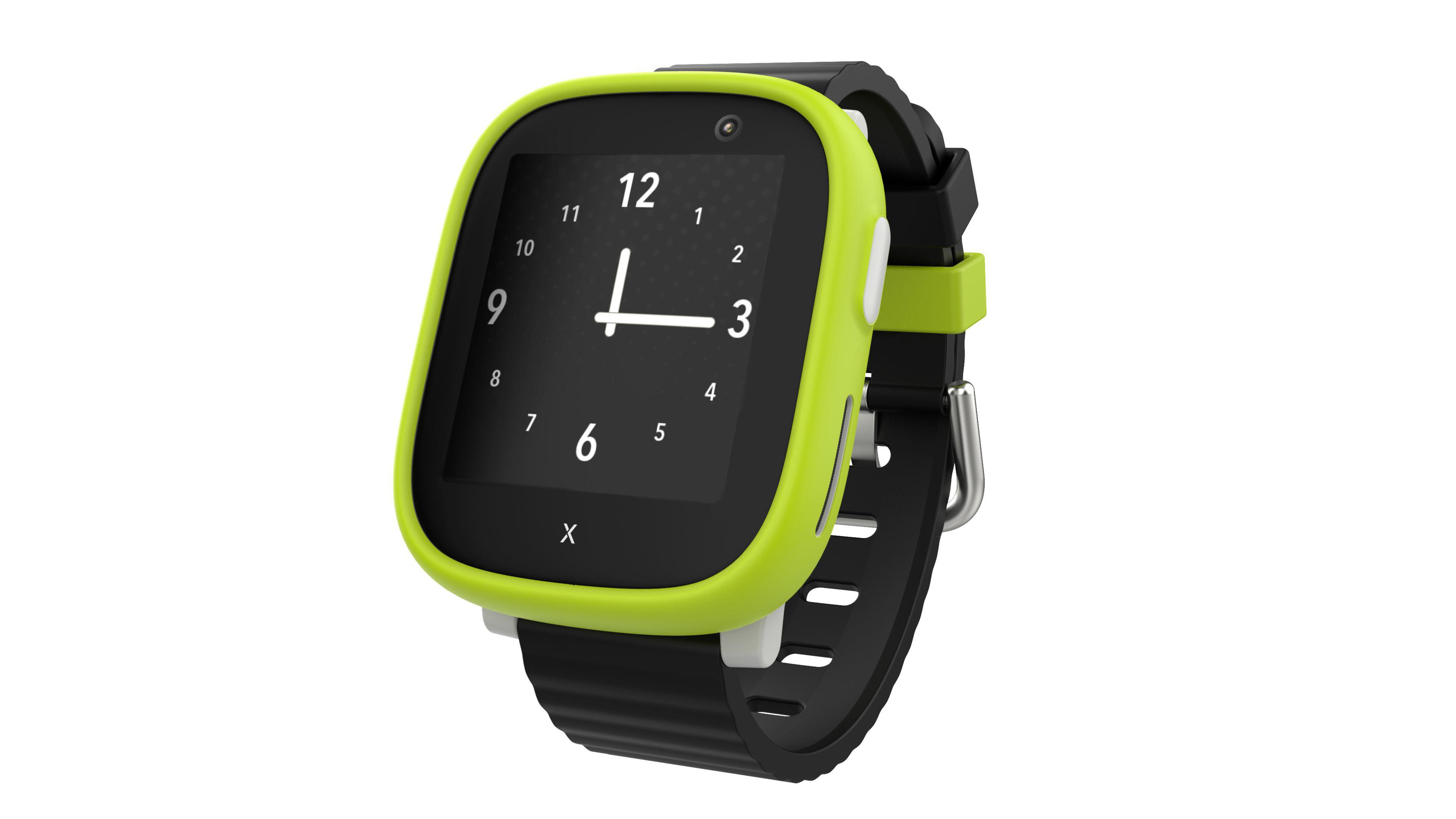 Eine Smartwatch mit schwarzem Bildschirm, weißen Zeigern und limettengrünem Rahmen. Das Armband ist schwarz. Die Uhrzeit ist 10:15.
