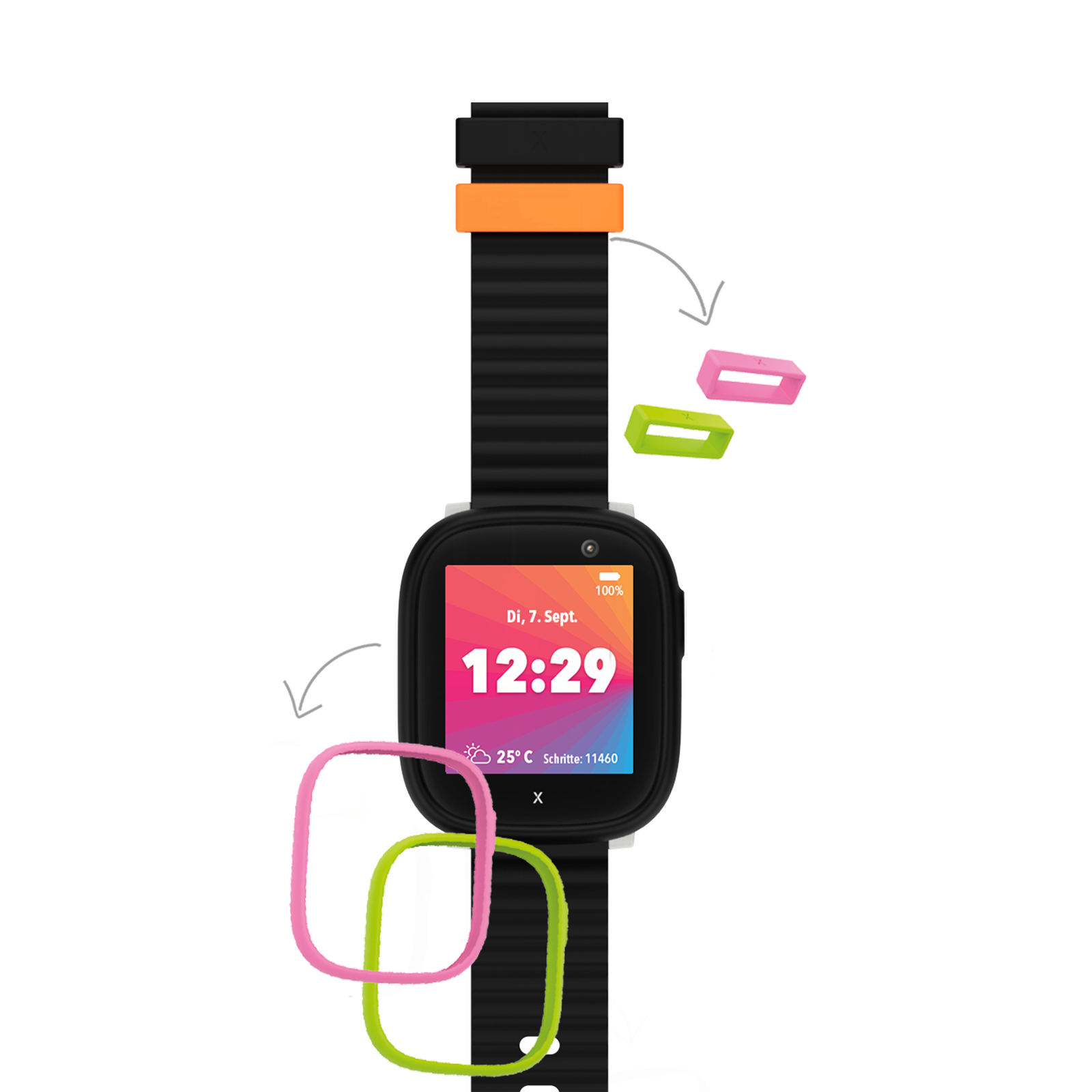 Schwarze Smartwatch mit orangefarbenem Armband, zeigt die Uhrzeit an. Rosa und grüne Ringe umgeben die Uhr. Pfeile zeigen auf Armbandteile.