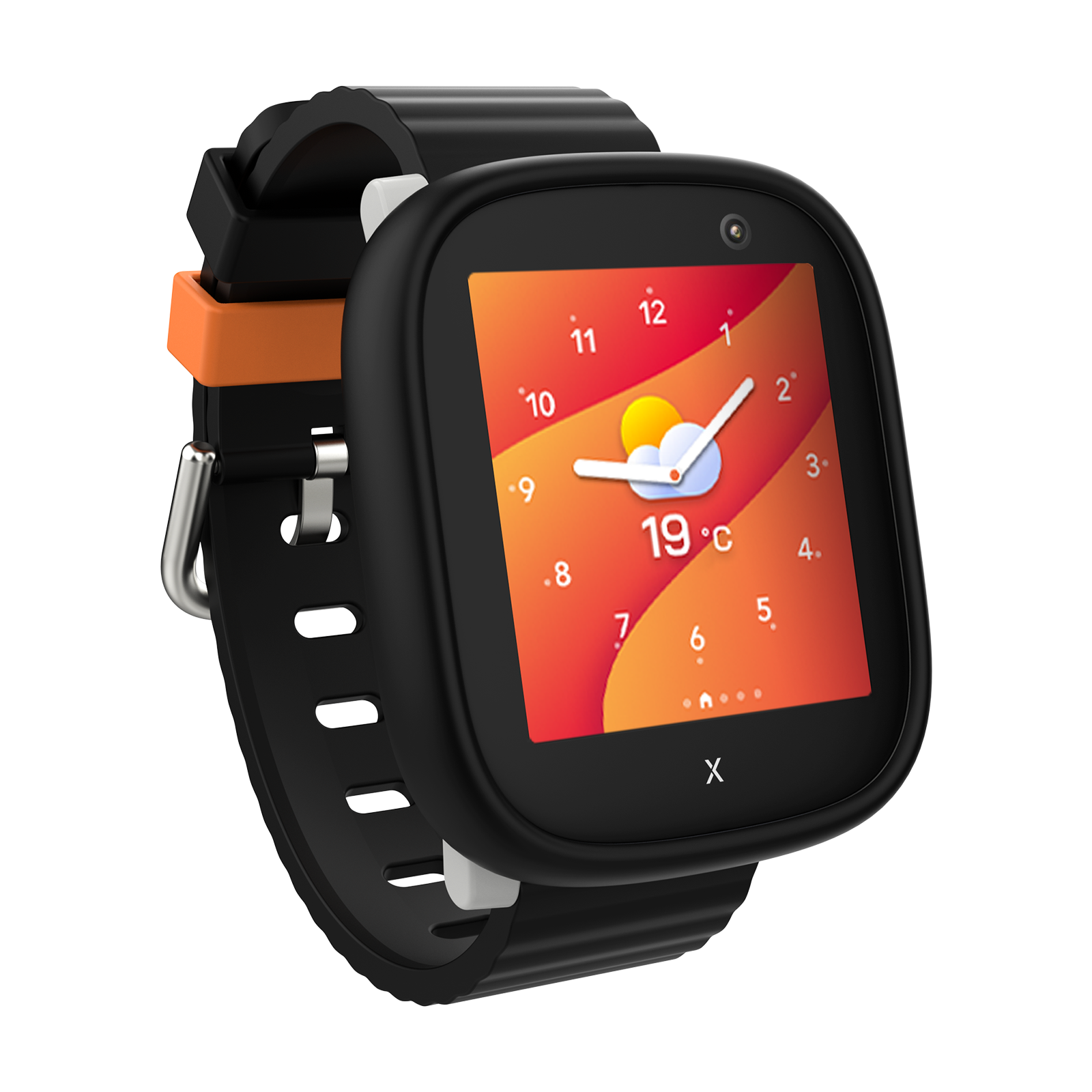 Eine schwarze Smartwatch mit einem orange-schwarzen Armband. Der Bildschirm zeigt Wetterdetails mit Uhr und Temperatur.
