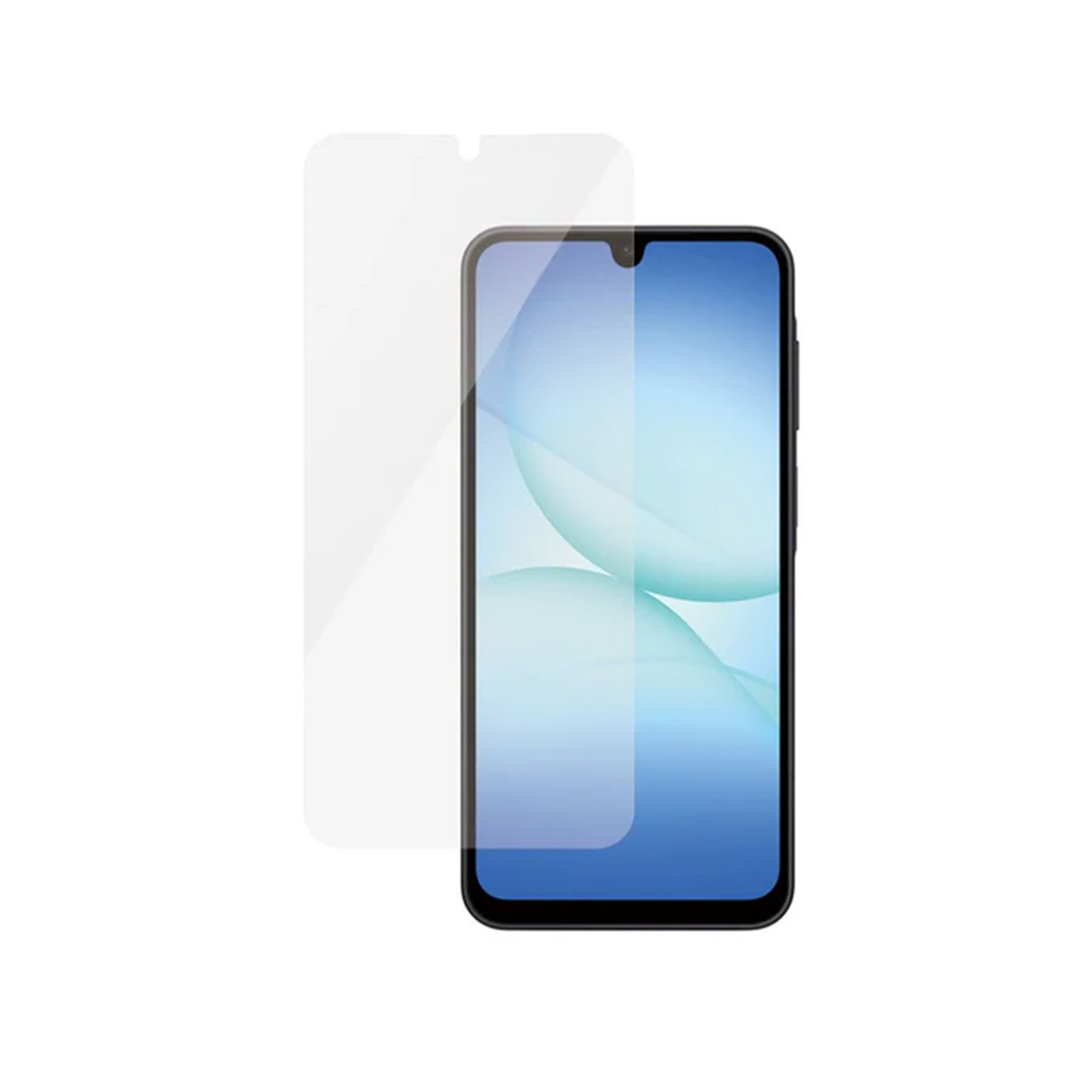 Uno smartphone con una protezione per lo schermo accanto. Il telefono è nero con uno schermo sfumato blu. La protezione è trasparente.