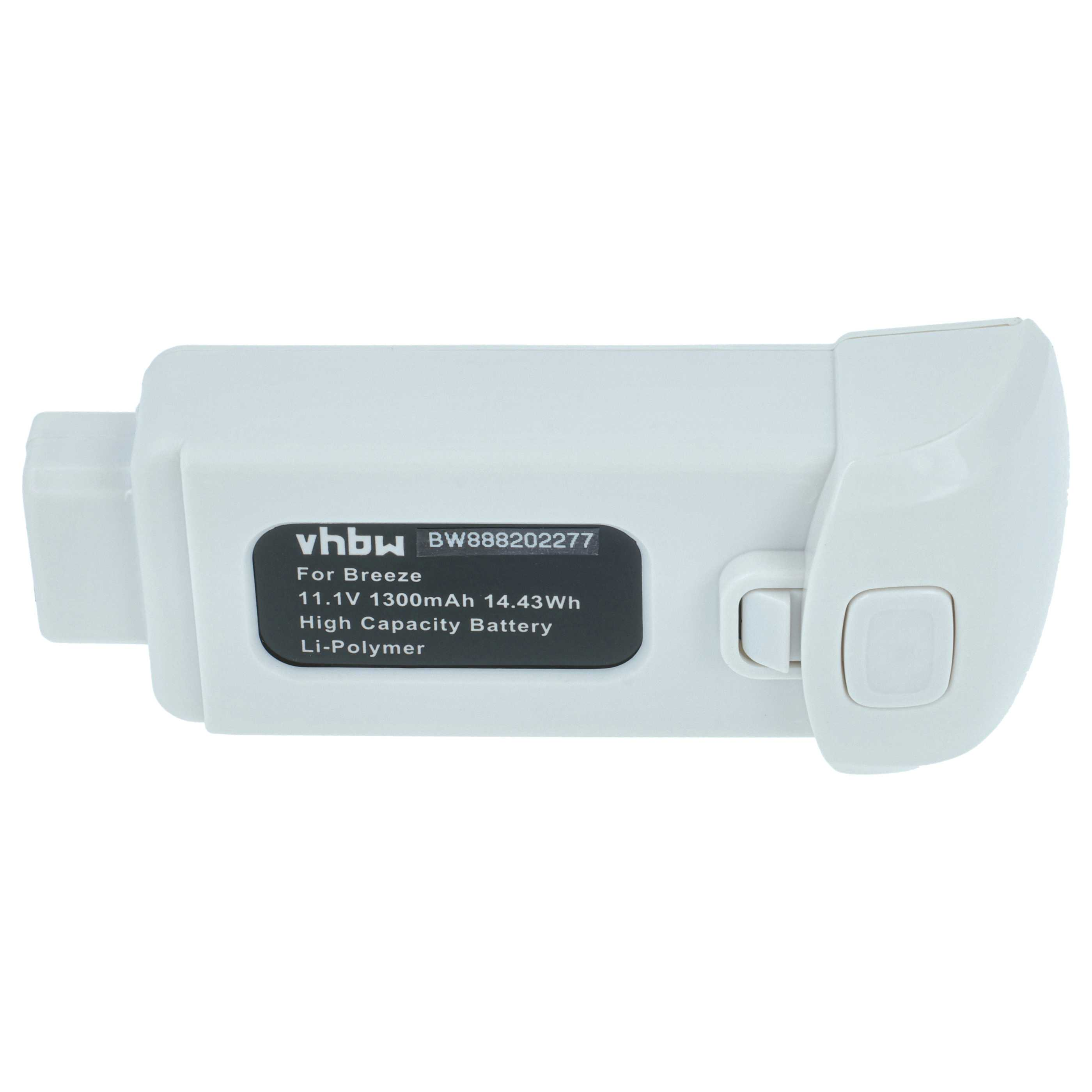 Ein weißer Drohnenakku mit schwarzem Etikett. Text: vhbw, BW888202277, 11,1V 1300mAh 14,43Wh, High Capacity Battery, Li-Polymer.