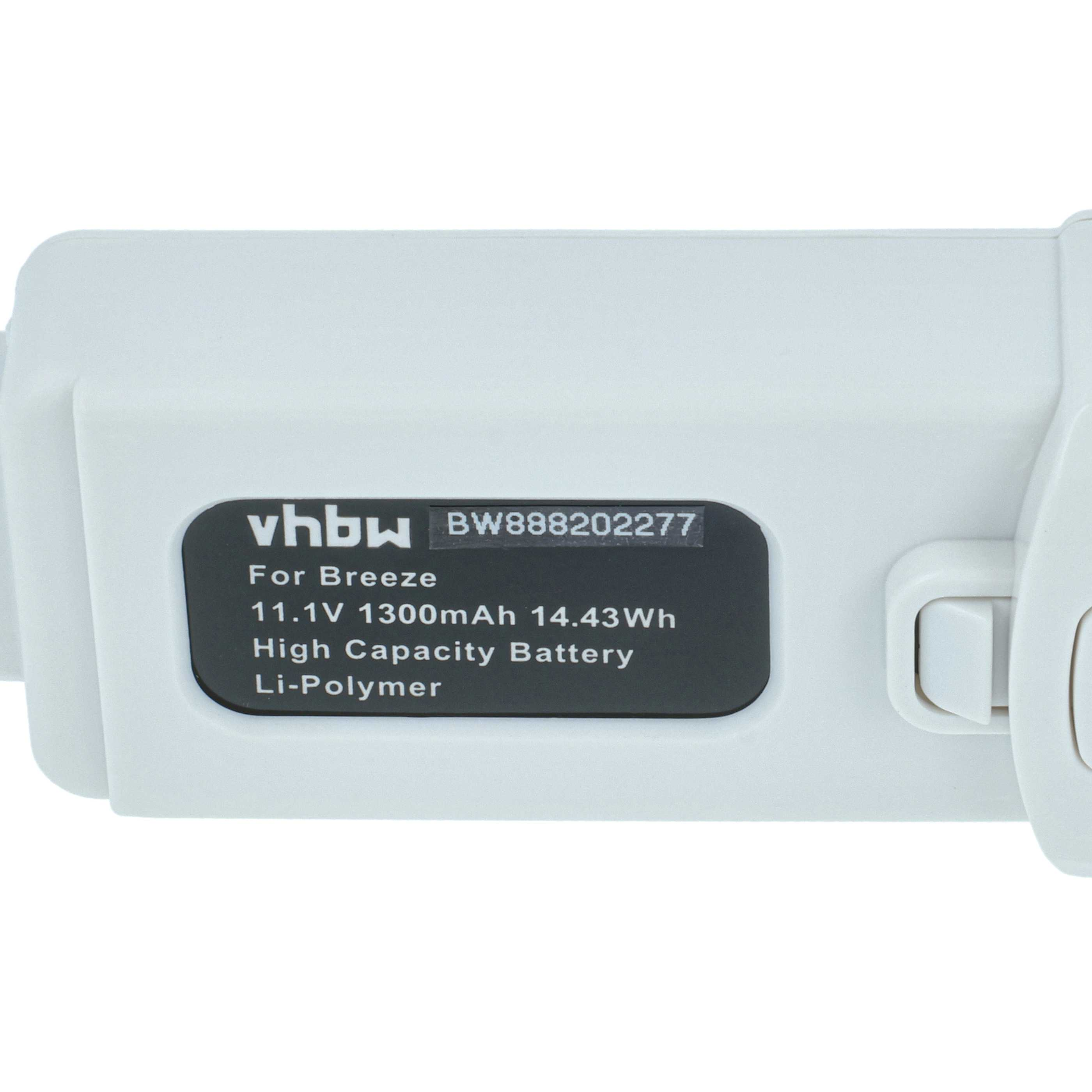 Ein weißer Akku mit schwarzem Etikett. Das Etikett enthält Text wie 'vhbw', '11,1 V 1300 mAh' und 'Li-Polymer'.