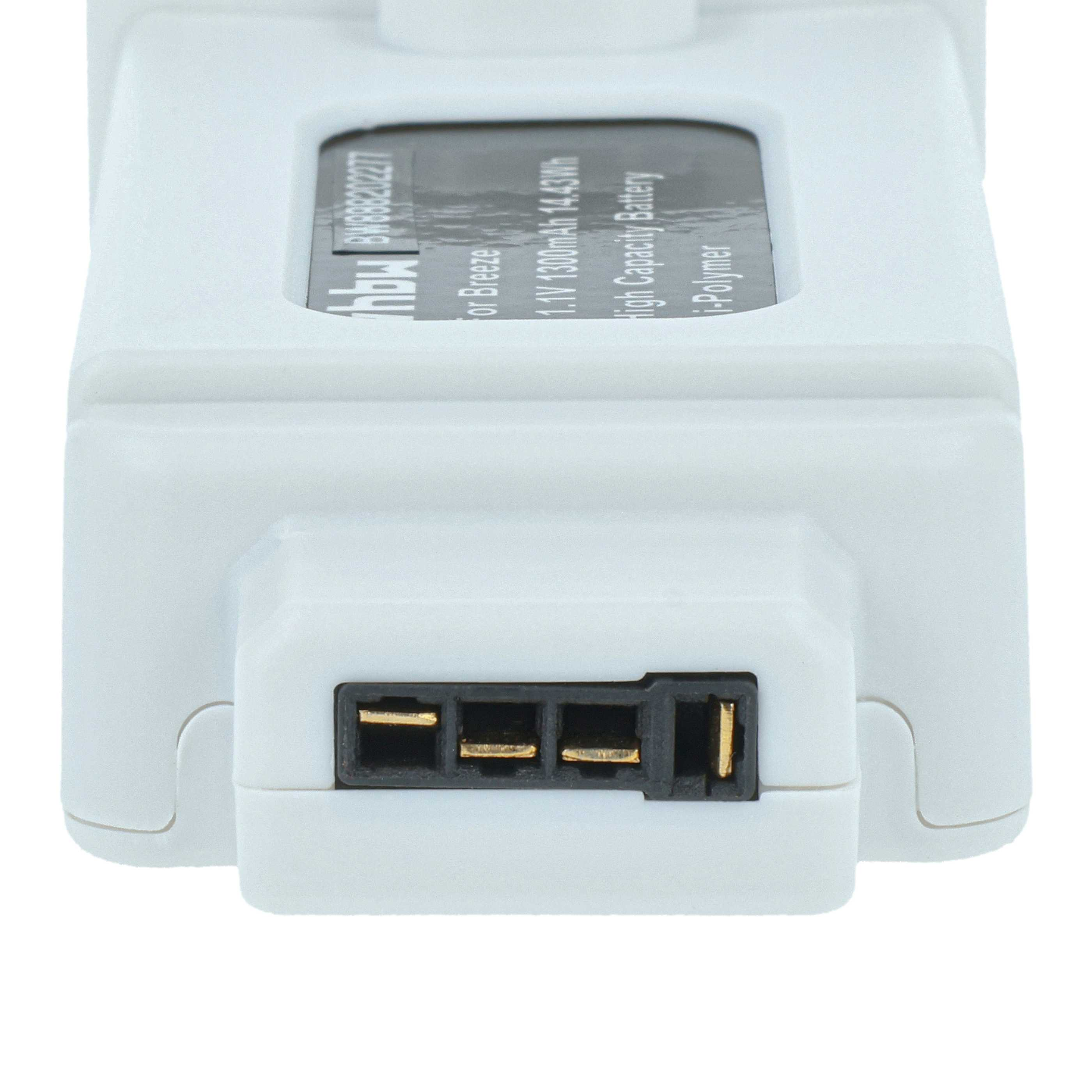 Ein weißes Akkupack mit schwarzem Stecker. Das Pack hat ein Etikett mit Text und Spezifikationen.