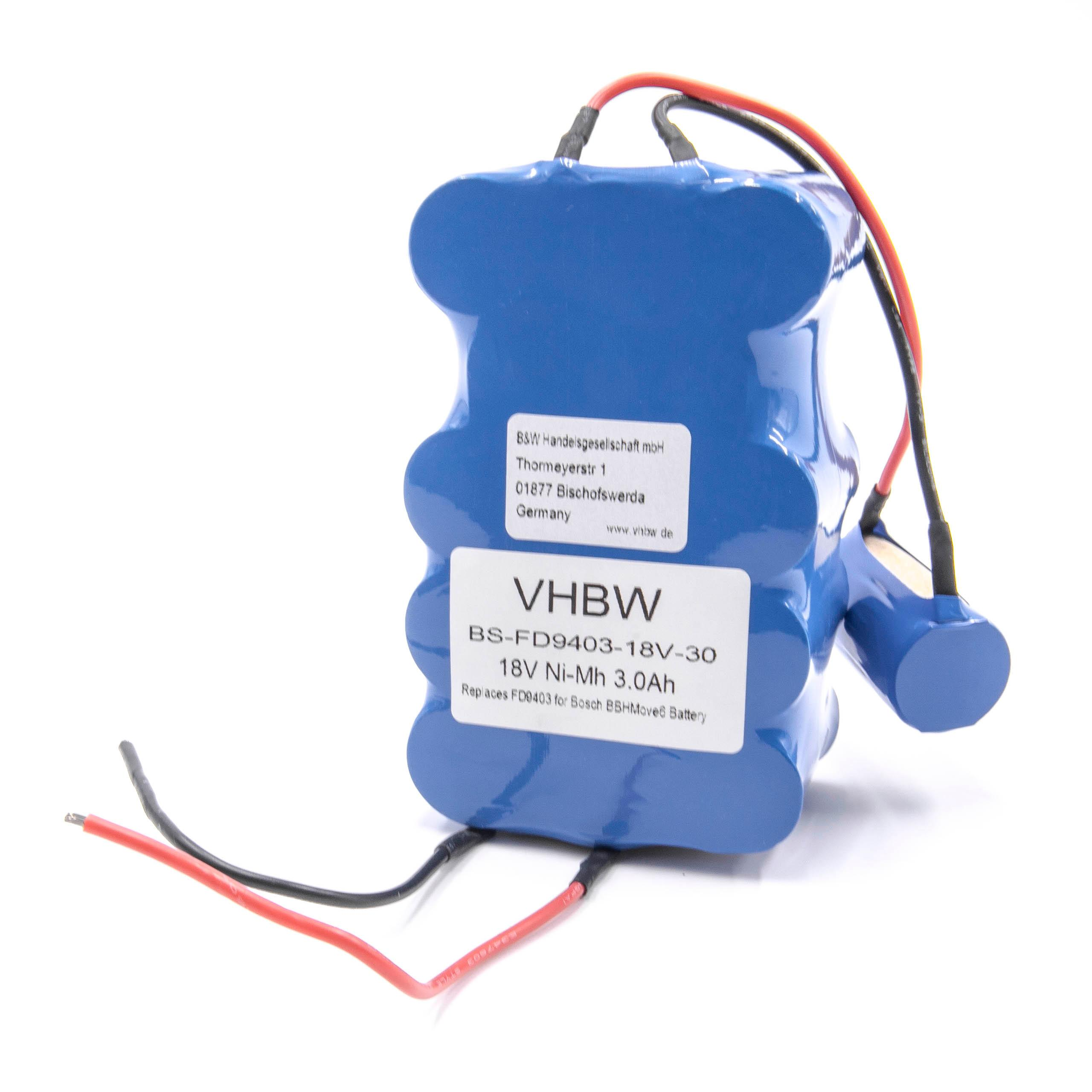Blauer Akku-Pack mit Kabeln und Etiketten. Weißer Hintergrund. Aufschrift VHBW BS-FD9403-18V-30.
