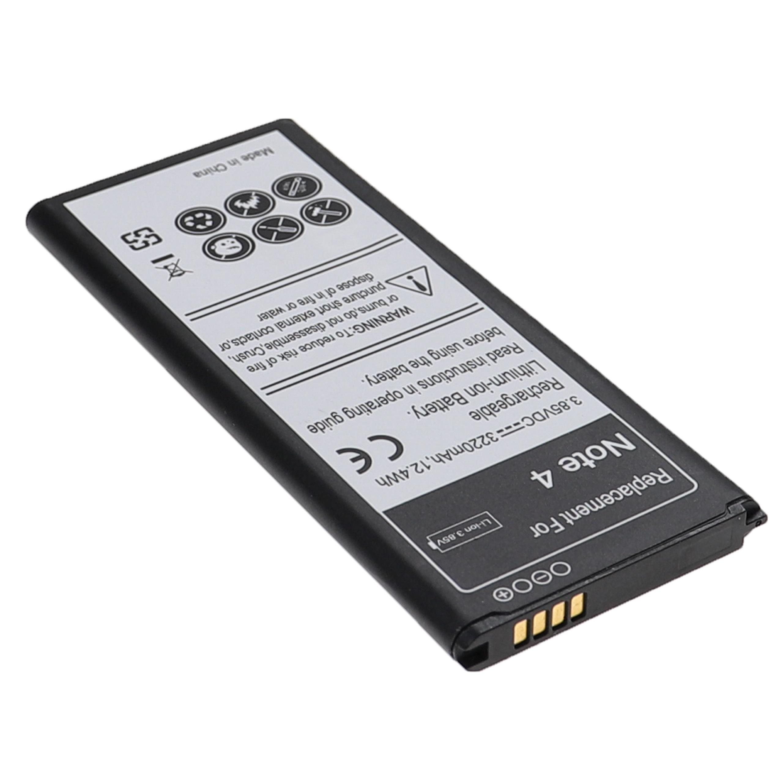 Ein schwarzer, rechteckiger Telefonakku mit gedruckten Warnhinweisen und Spezifikationen. Es ist ein Ersatz für ein Note 4 Gerät.