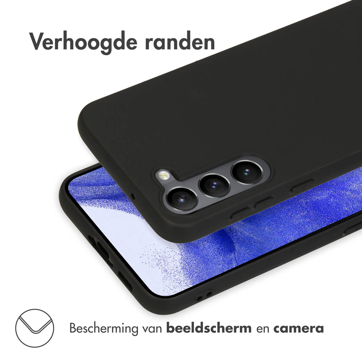 Schwarze Handyhülle mit erhöhten Rändern. Die Hülle schützt Bildschirm und Kamera. Niederländischer Text: 'Erhöhte Ränder' und 'Bildschirm- und Kameraschutz'.