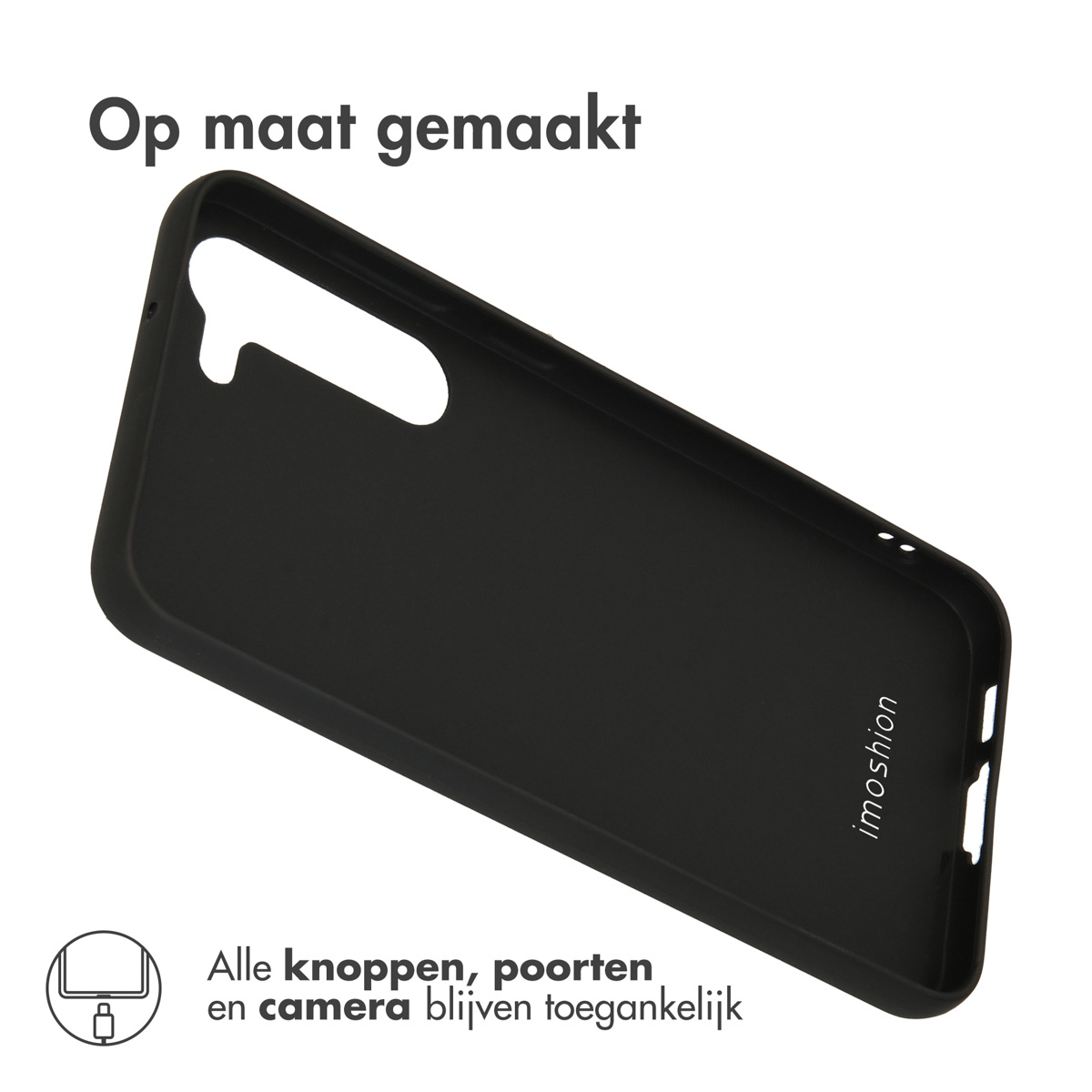 Eine schwarze Telefonhülle wird diagonal angezeigt. Der Text lautet "Op maat gemaakt" und "Alle knoppen, poorten en camera blijven toegankelijk."