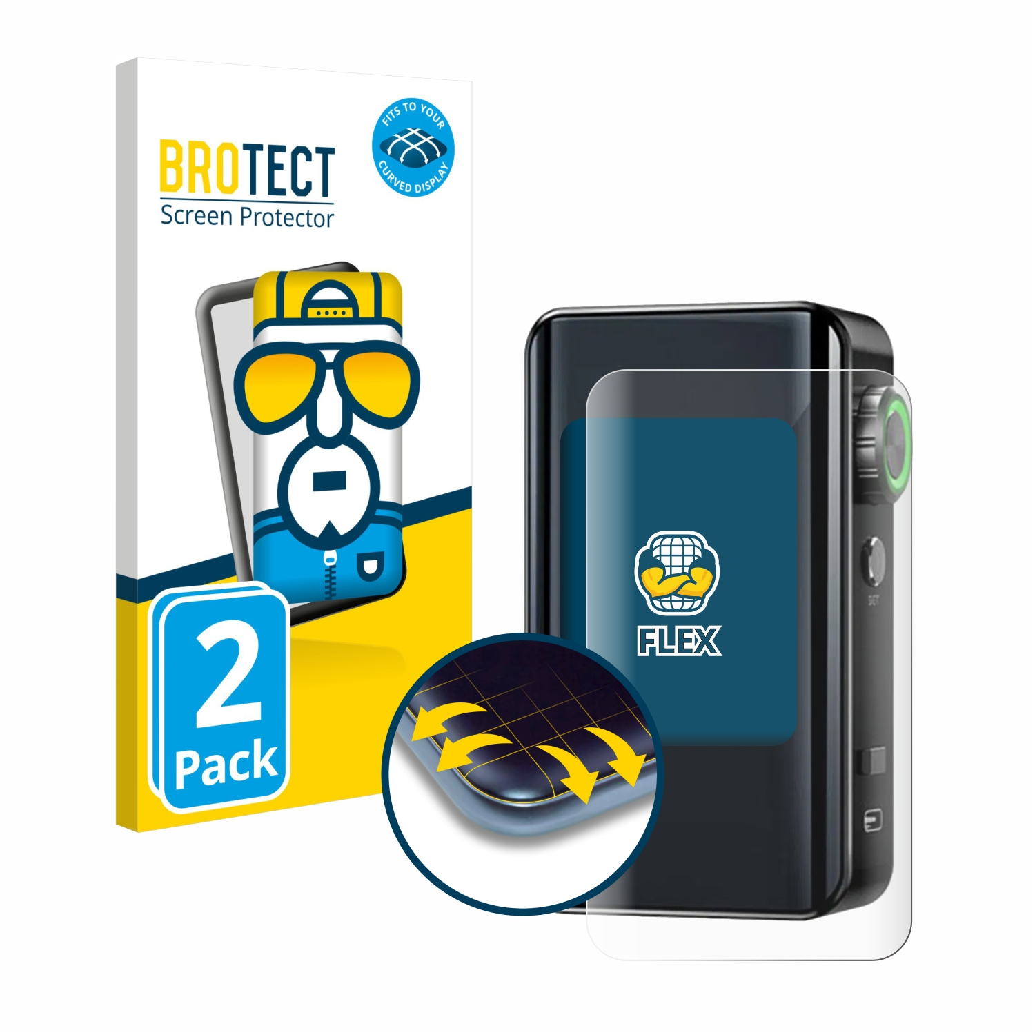Eine Displayschutzfolienbox und ein Telefon. Auf der Box steht 'BROTECT Displayschutz' und hat ein Cartoon-Bild. Ein Schutz auf dem Telefon.