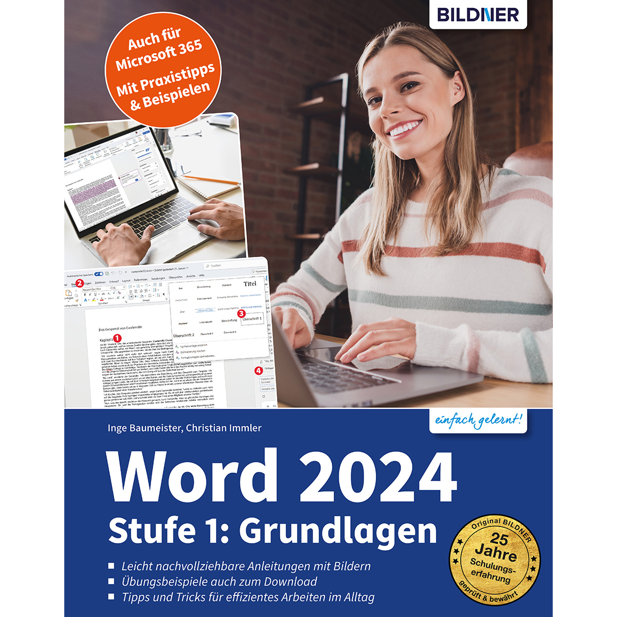 Eine Frau lächelt, während sie an einem Laptop arbeitet. Auf dem Buchcover steht Word 2024. Auf dem Laptop-Bildschirm wird ein Word-Dokument angezeigt.