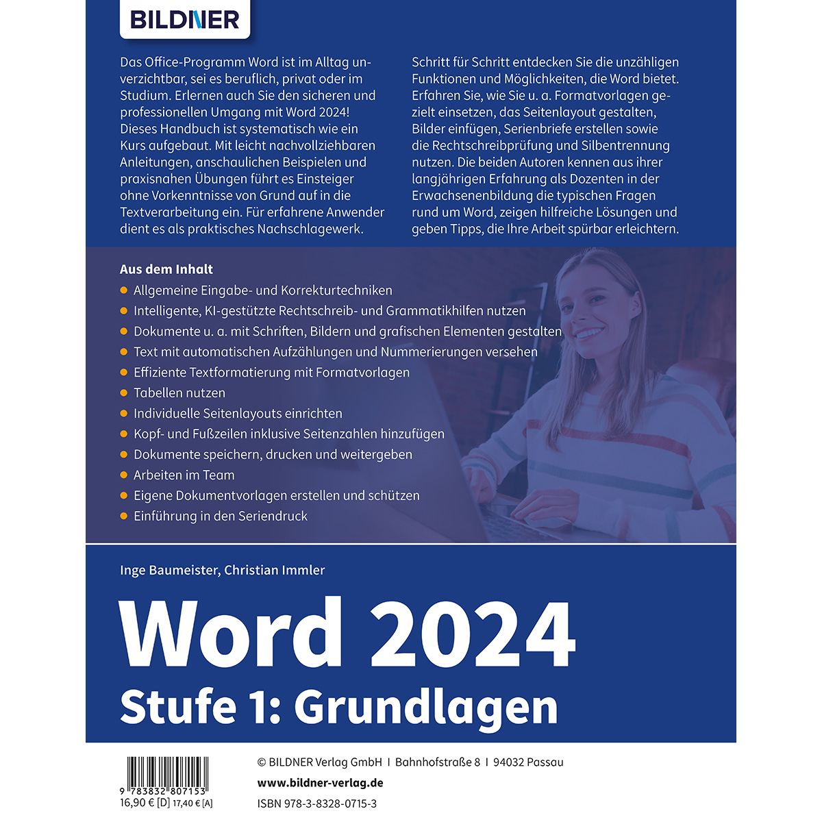 Buchcover: Word 2024, blauer Hintergrund mit weißem Text. Frau lächelt im Hintergrund.