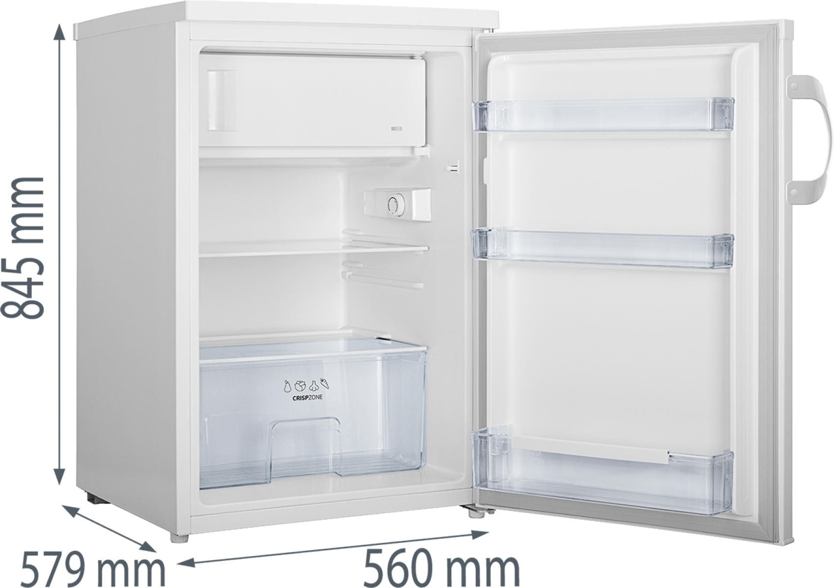 Ein weißer Mini-Kühlschrank mit offener Tür. Im Inneren sind Regale und eine Gemüseschublade sichtbar. Maße: 845 mm hoch, 579 mm breit, 560 mm tief.