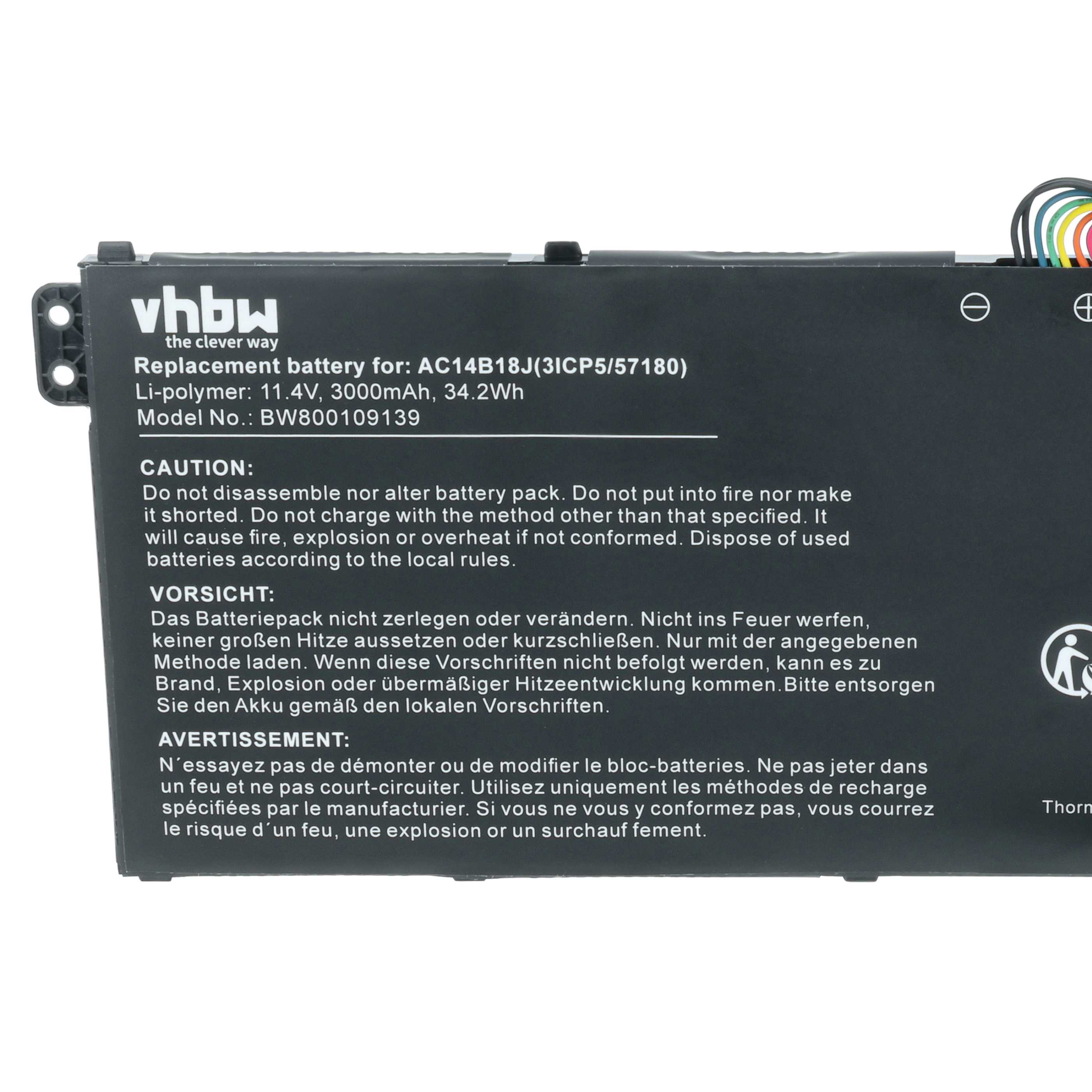Batteriepack mit Warnhinweisen in mehreren Sprachen. Text enthält Modell, Spannung und Sicherheitshinweise gegen Feuer oder Kurzschluss.