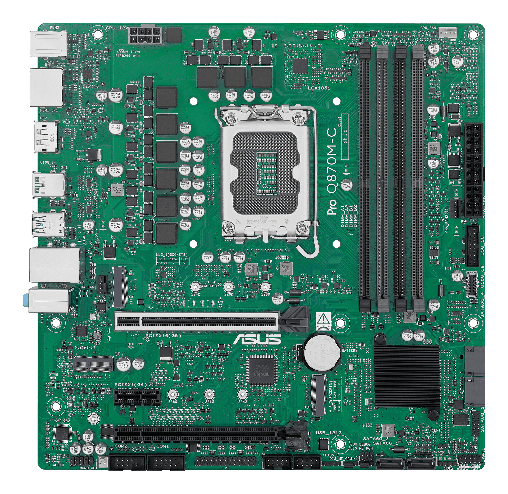 Grünes Motherboard mit mehreren Steckplätzen, Anschlüssen und Chips. Enthält CPU-Sockel, RAM-Steckplätze und ASUS-Logo.