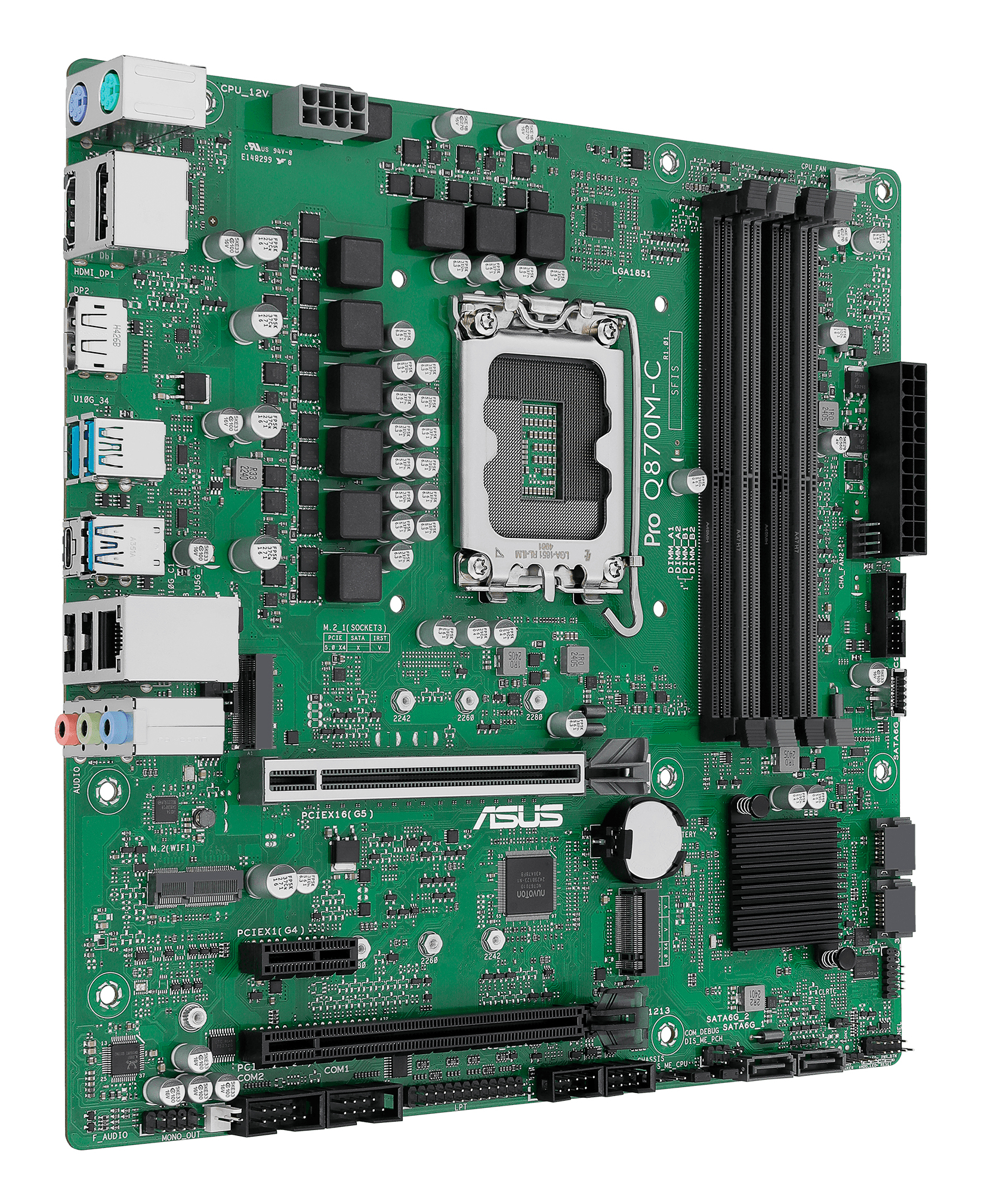 Grünes ASUS Pro Q870M-C-Motherboard mit CPU-Sockel, RAM-Steckplätzen und Erweiterungssteckplätzen.