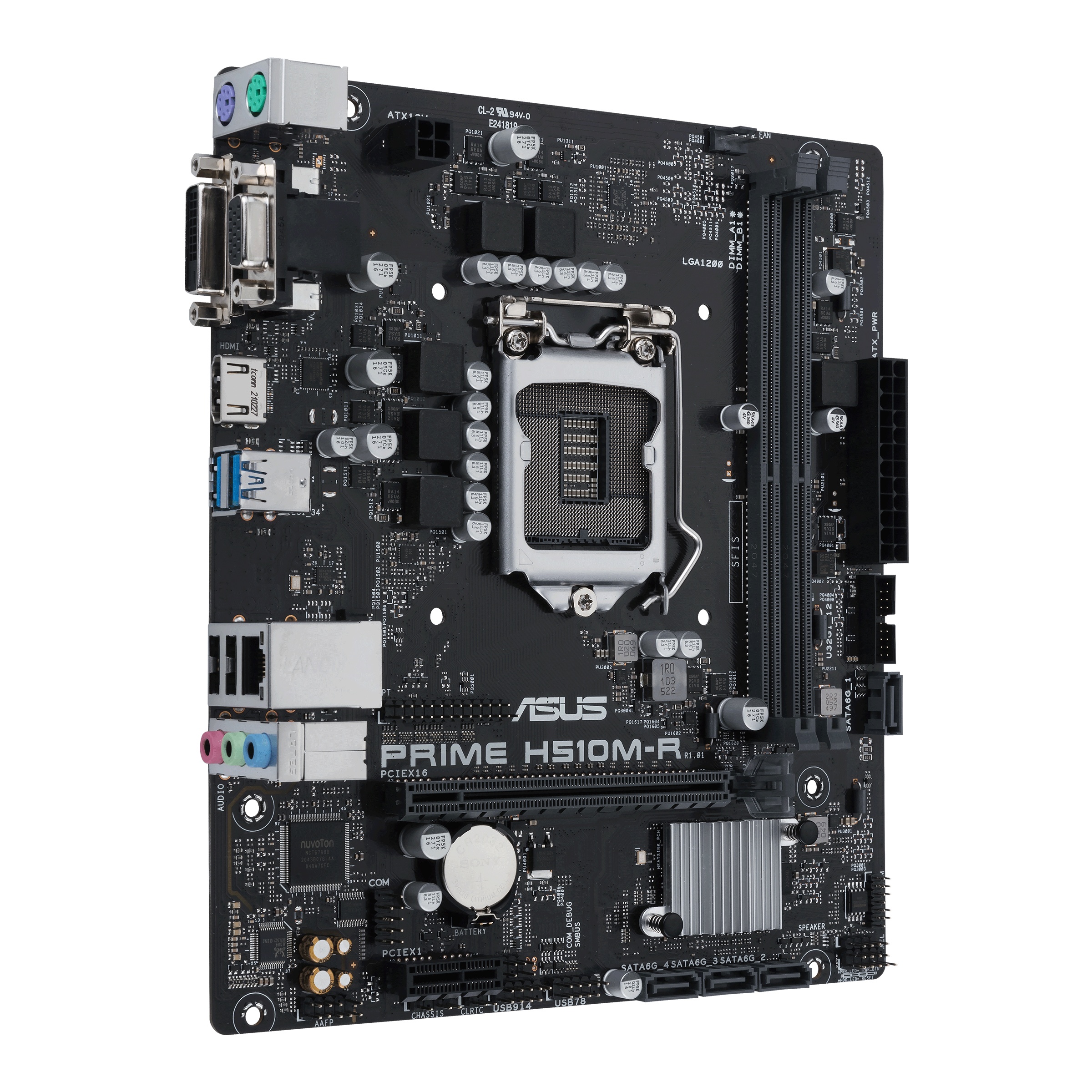 Una scheda madre ASUS Prime H510M-R nera. Ha varie porte, slot e un socket CPU.