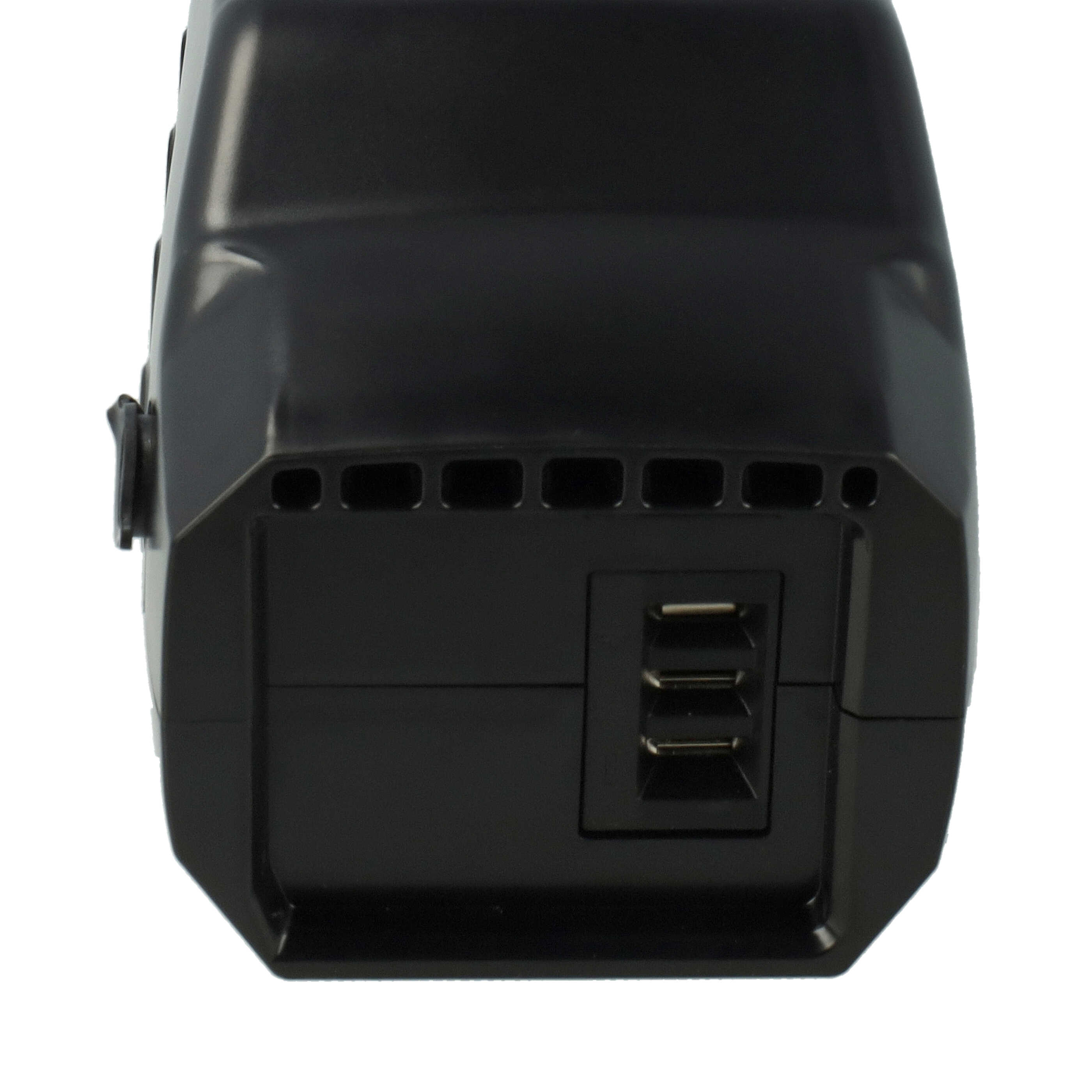 Nahaufnahme eines schwarzen elektronischen Geräts mit Belüftungsschlitzen und USB-Anschlüssen, vor weißem Hintergrund.