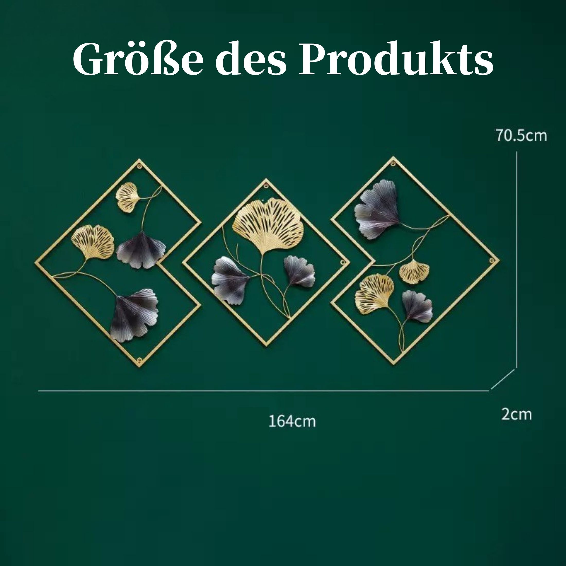 Wanddekoration, drei rautenförmige Rahmen mit Gold- und Silberblattdesigns, auf grünem Hintergrund mit Größenangaben.