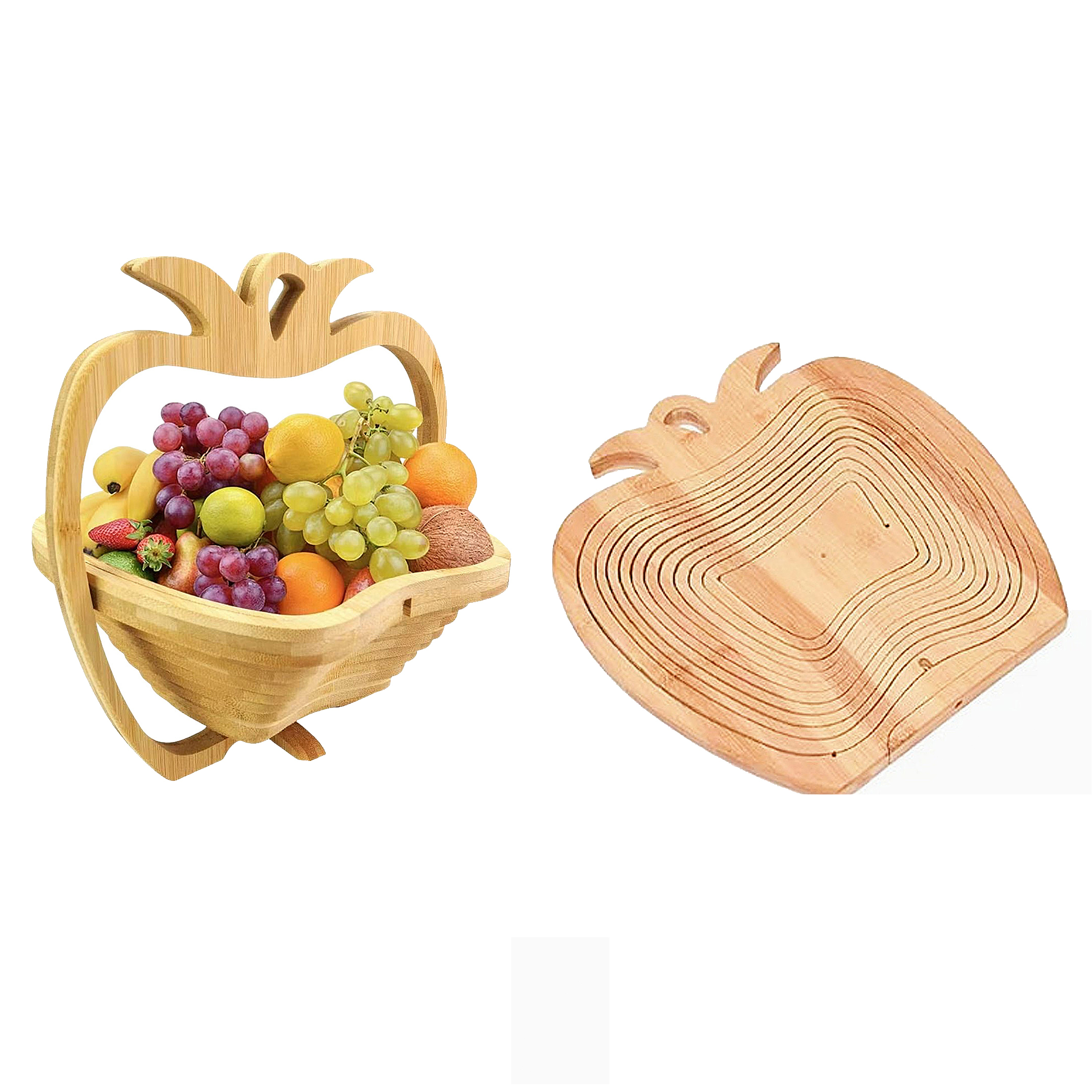 Holz-Obstkorb in Apfelform, gefüllt mit Früchten, neben einem zusammenklappbaren Apfel-Holzteller.