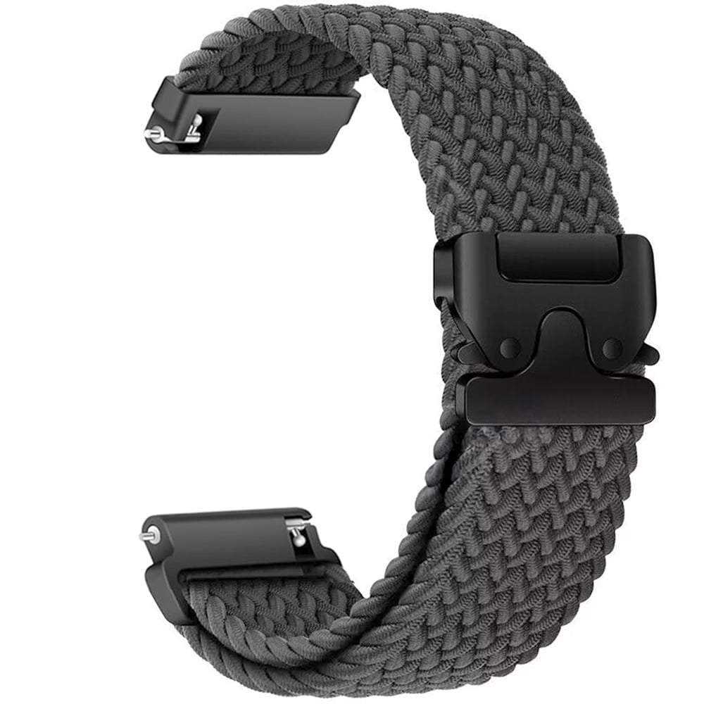 Ein graues geflochtenes Uhrenarmband mit schwarzen Verschlüssen. Das Band ist gekrümmt und zeigt ein gewebtes Muster. Schwarze Verschlüsse sind an jedem Ende und in der Mitte.