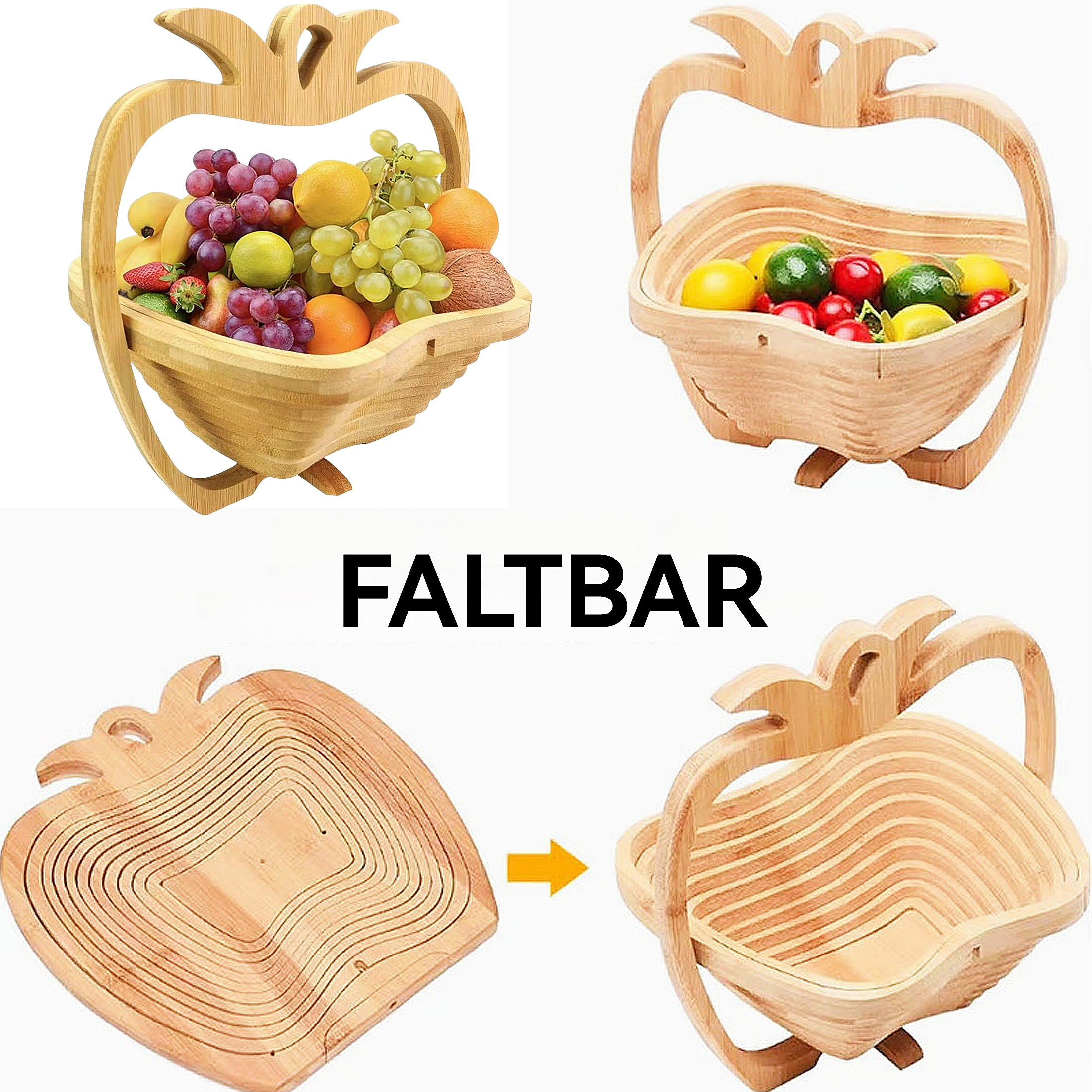 Faltbarer Obstkorb aus Holz in Apfelform, gefüllt mit Früchten. Weitere Bilder zeigen den Korb gefaltet und entfaltet.