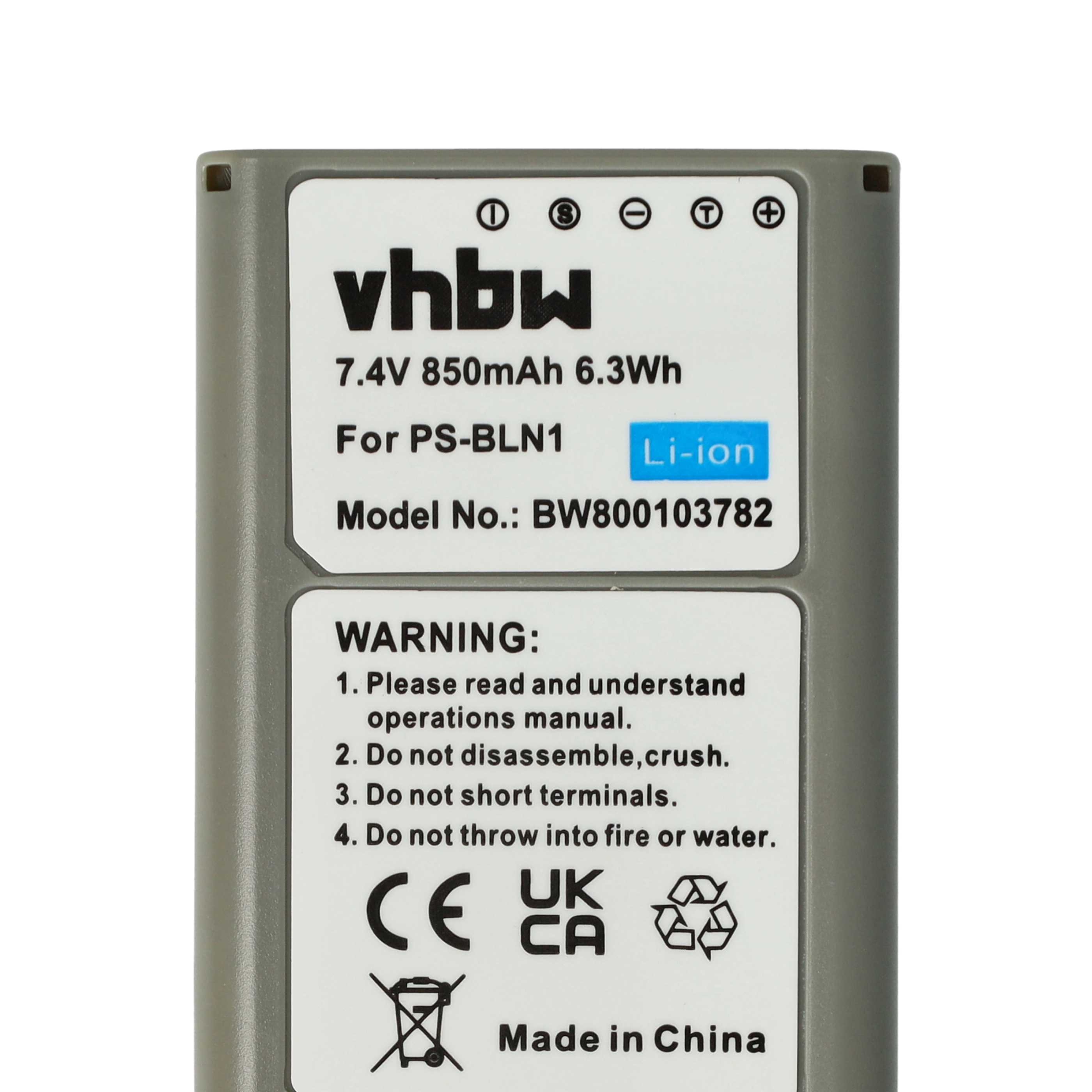 Grauer Akku mit weißen Etiketten. Text enthält 'vhbw', 'Li-ion', Warnungen und 'Made in China'.