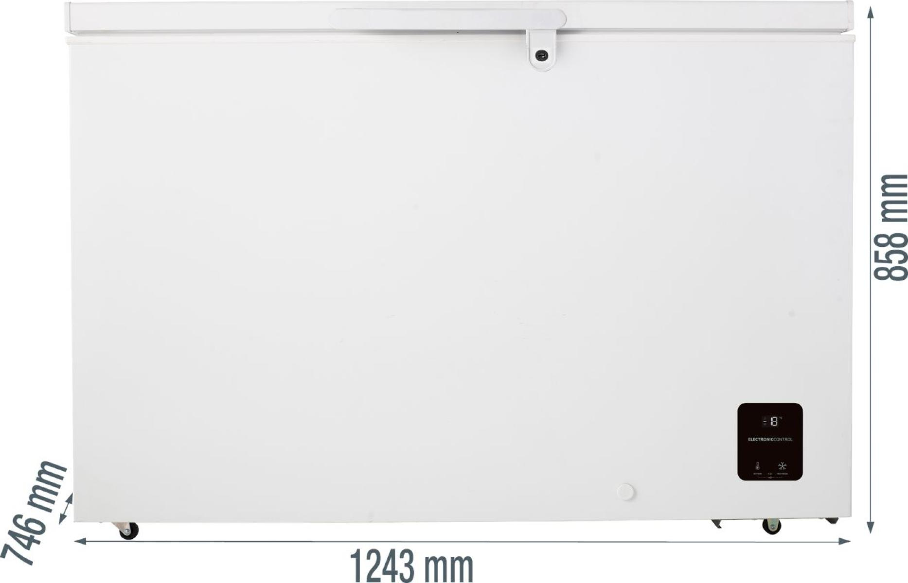 Ein weißer Truhen-Gefrierschrank mit Maßangaben. Mit Griff, Bedienfeld und Rollen. Maße: 1243 mm x 858 mm x 746 mm.