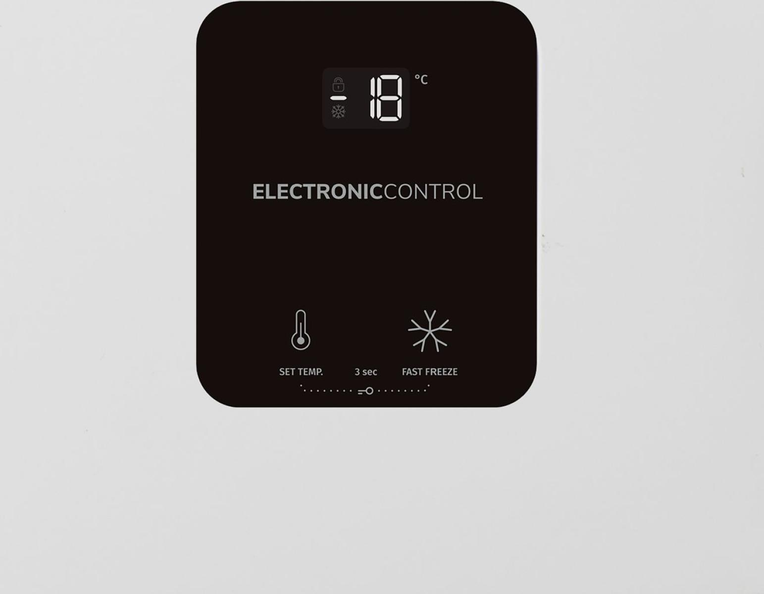Ein schwarzes Bedienfeld zeigt '-18°C'. Es hat Schloss-, Schneeflocken-Symbole und Text: 'Electronic Control', 'Set Temp' und 'Fast Freeze'.